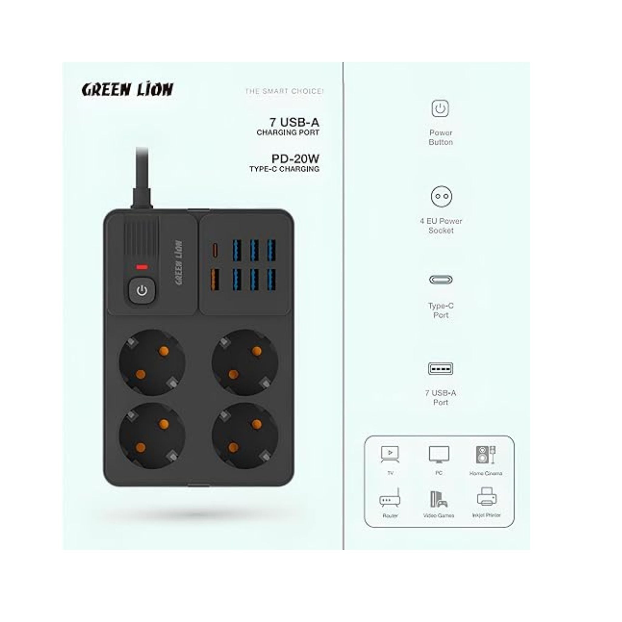 Green Lion Power Socket 7 USB-A Port & 1 PD 20W Port, 4 EU Power Socket, 3250W Power, Safety Shutter, Overload Protection, Portable Compatible with TV PC Router Gaming Console Printer - Black