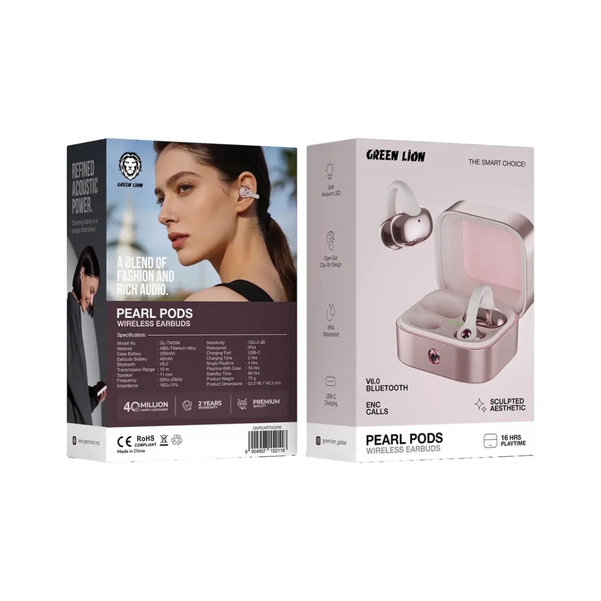Green Lion Pearl Pods Wireless Earbuds with 16 Hours Play Time, Soft Ambient LED, Open-Ear Clip-On Design, IPX4 Water Resistance Level, USB-C Charging Port, Bluetooth Version 6.0, ENC Calls, Sculpted Aesthetic - Pink