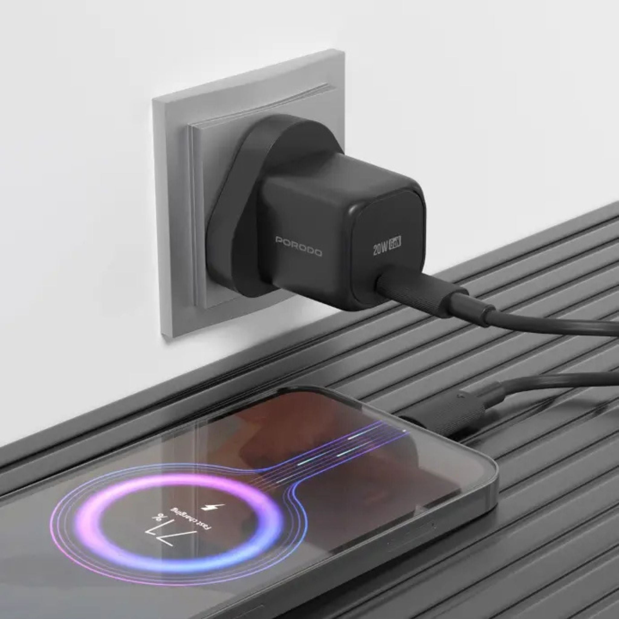 Porodo PD 20W UK Fast Charger with USB-C to USB-C Cable, 20W Power Output, Over-Heat Protection, Reliable Companion - Black