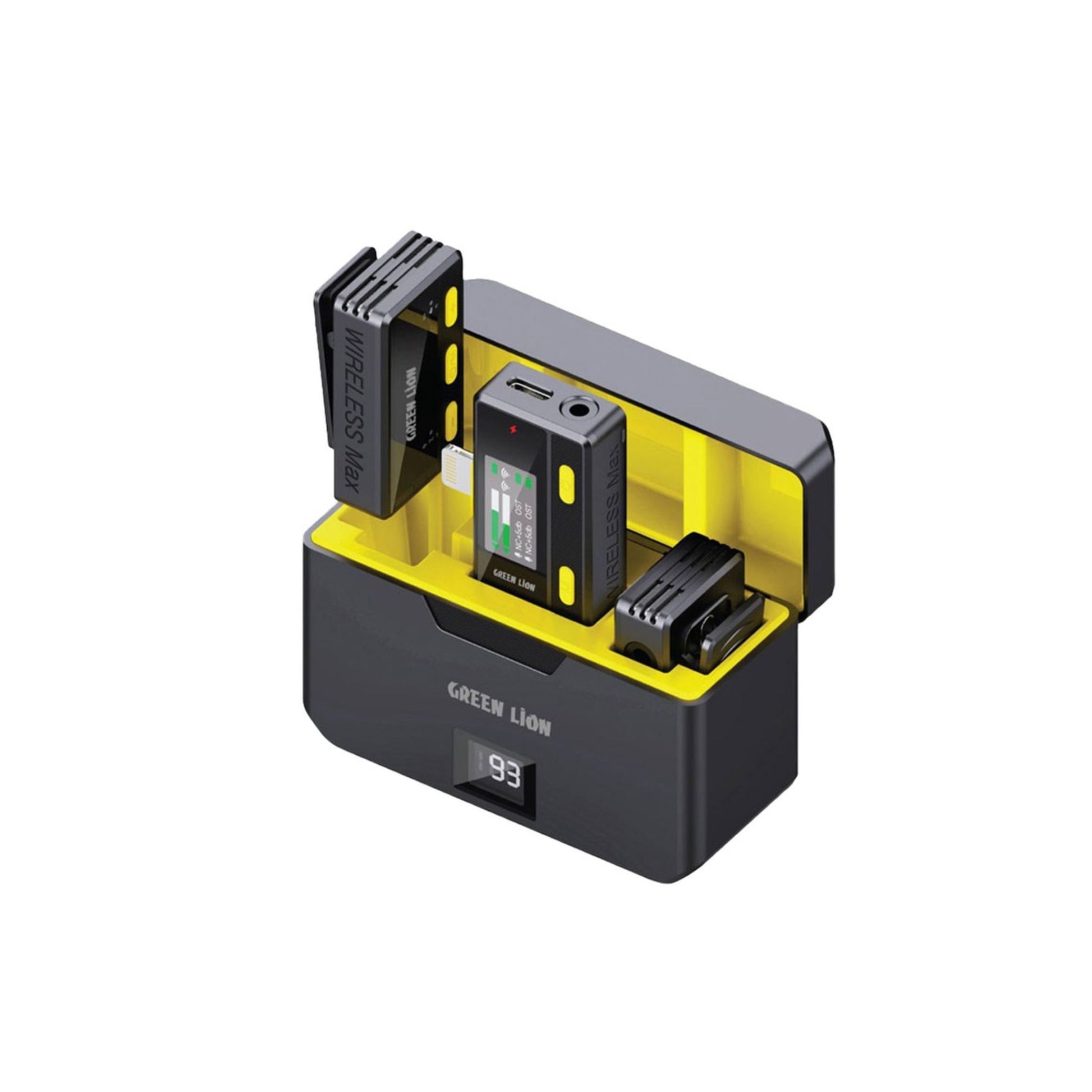 A wireless microphone with a remote control, showing the microphone mounted on a charging dock with a yellow and black color scheme.