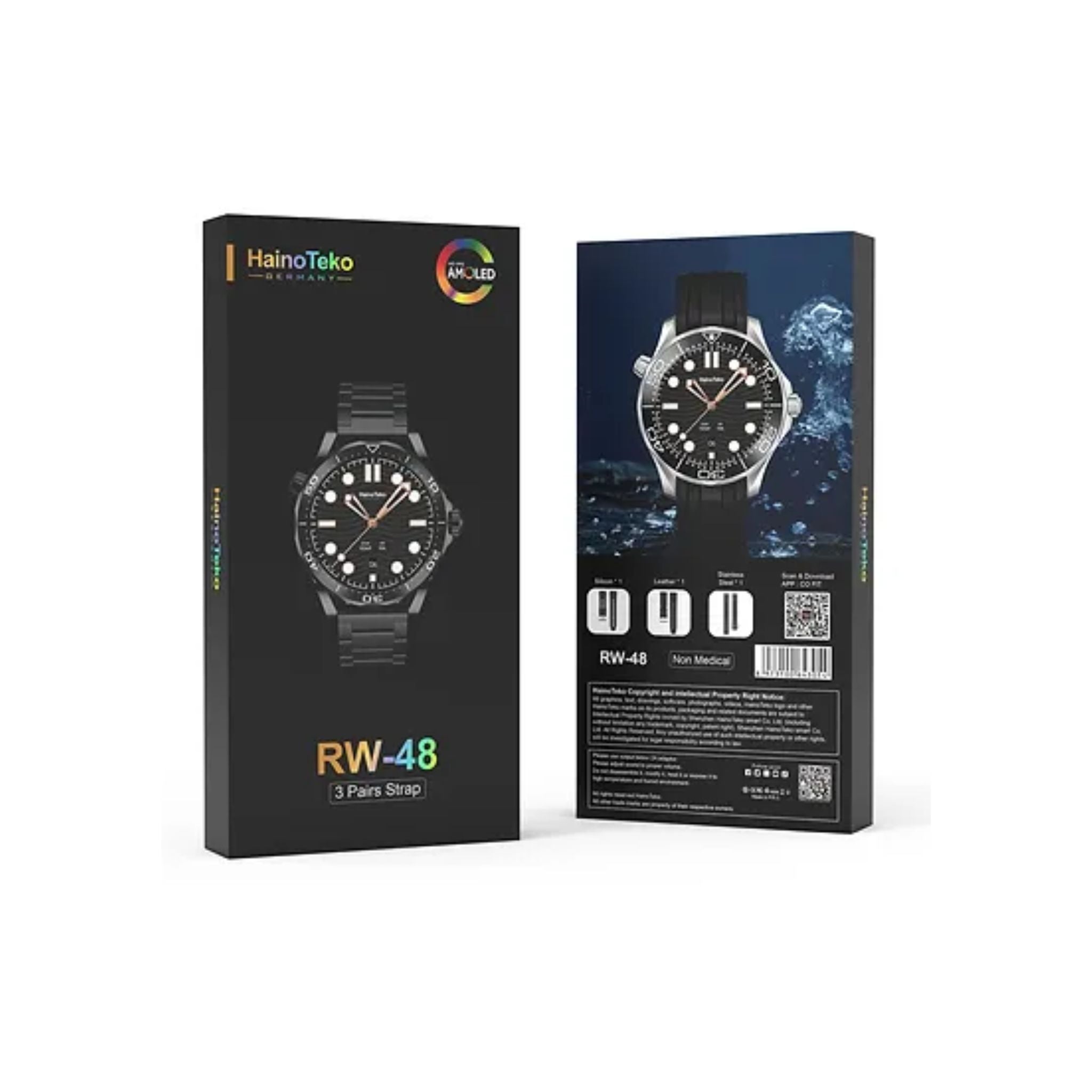 Haino Teko RW48 Smartwatch with 3 Strap Pairs (Silicone, Leather, Stainless Steel) – Black