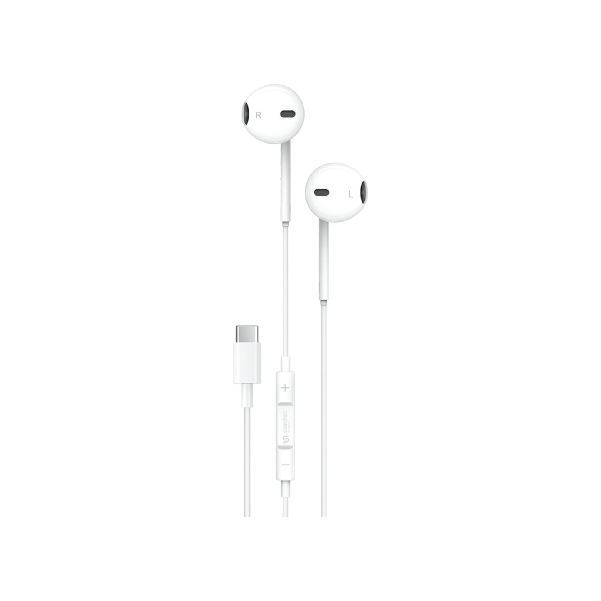 Porodo Soundtec Stereo Earphones with a Type-C connector and a white cable.