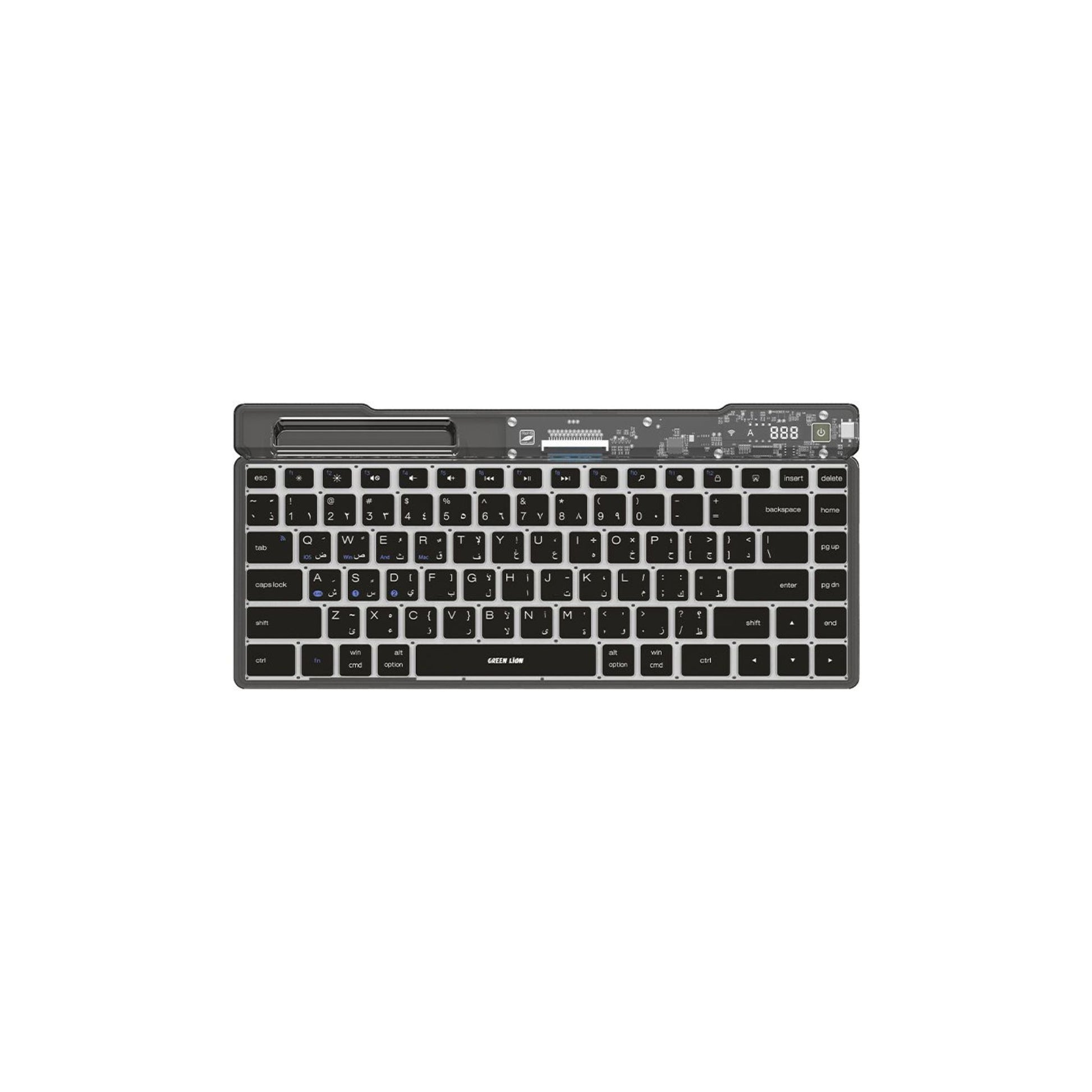 A black, full-size transparent keyboard with LED display screen and scissor foot structure.