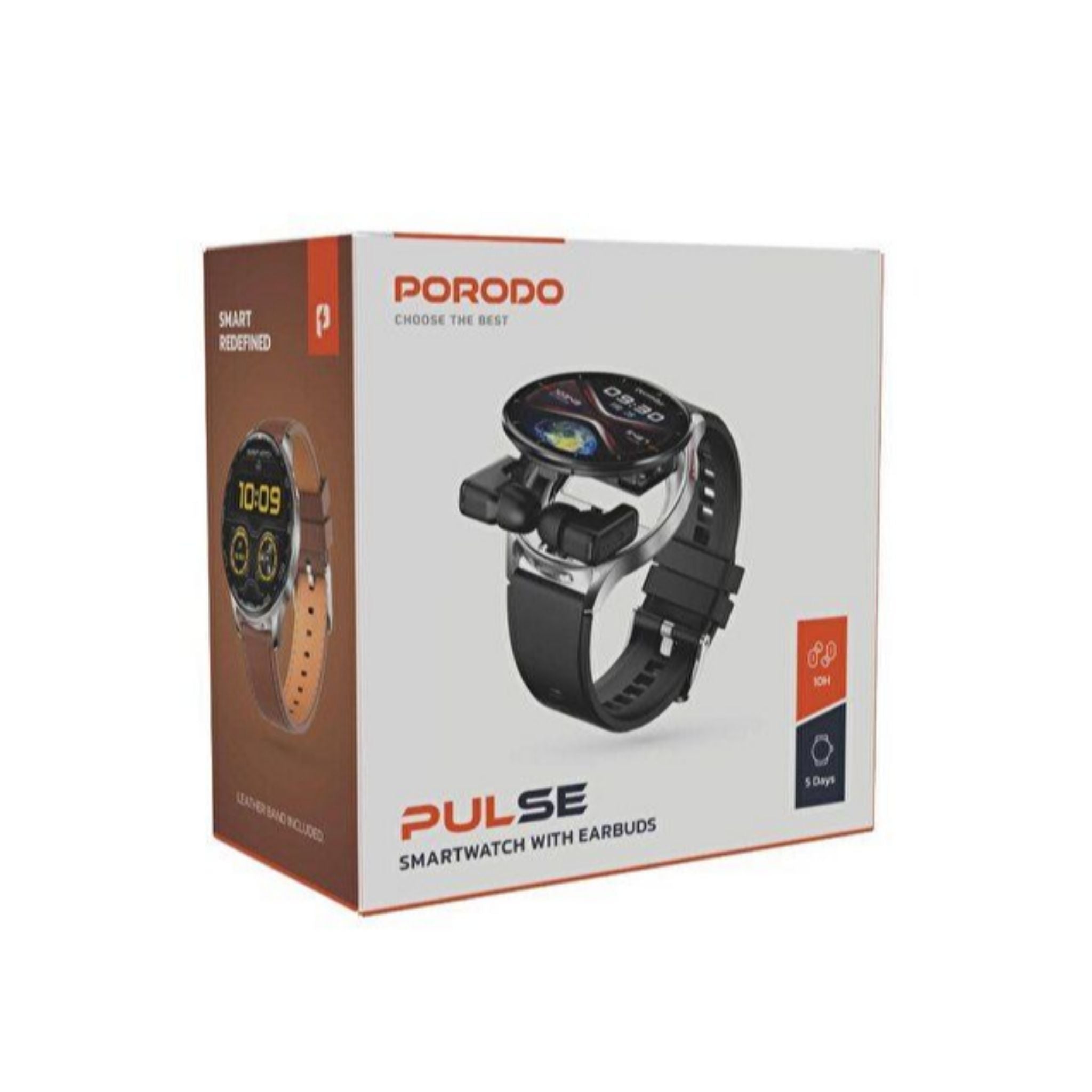 Porodo Pulse Smart Watch with Wireless Earbuds, Leather & Silicone Straps, Android 5.0 and iOS 10.0 and Above - Silver