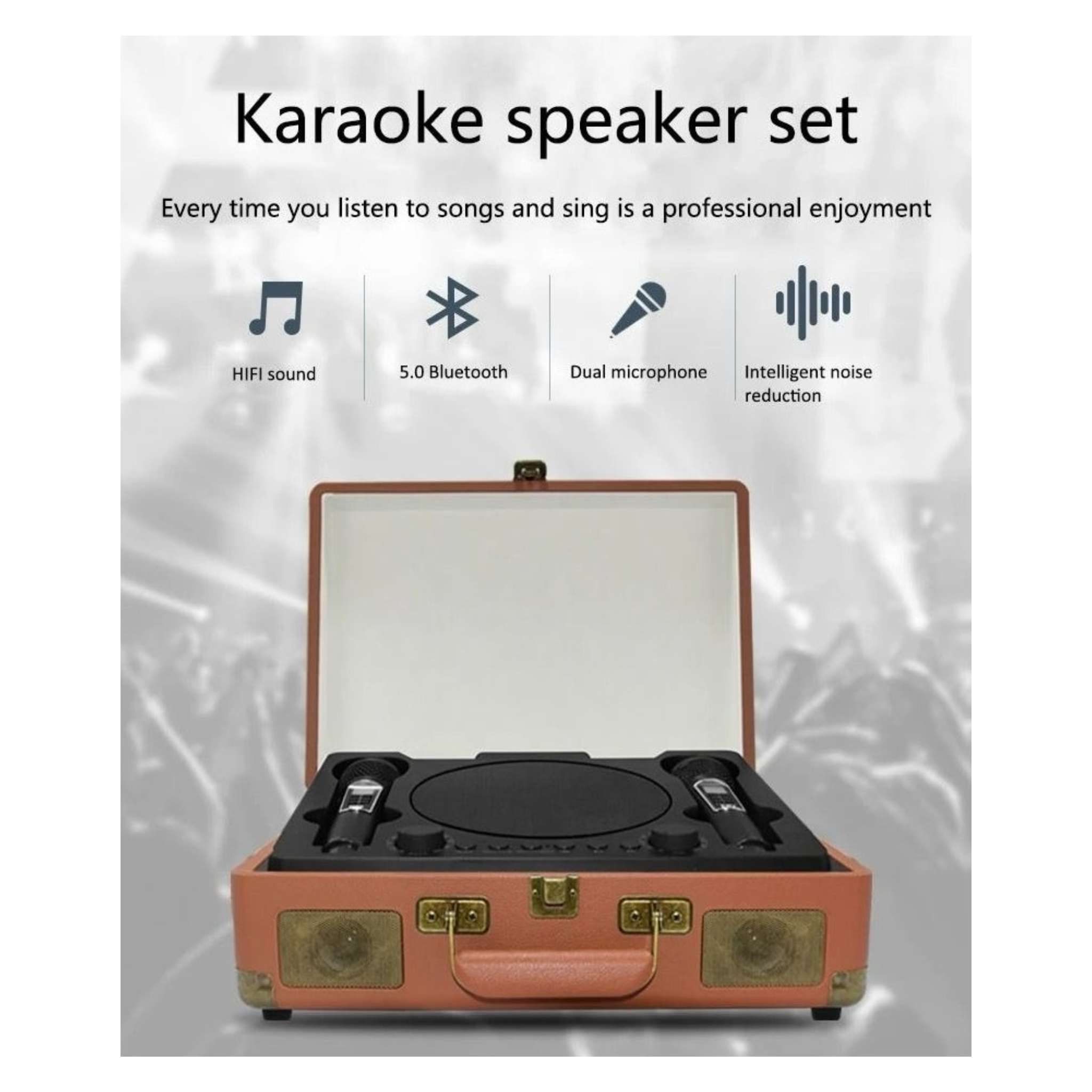 Smartbarry Wireless Party Speaker, Intelligent Noise Cancellation, Full-Range Stereo Karaoke Machine with HiFi Sound, Dual Microphones, Unique Suitcase Design - Brown