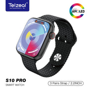 Telzeal S10 Pro AMOLED Display Smart Watch with 3 Pairs of Straps, Wireless Charger – Stylish, High-Resolution Display, Fitness Tracking, Heart Rate Monitoring, and More – Black