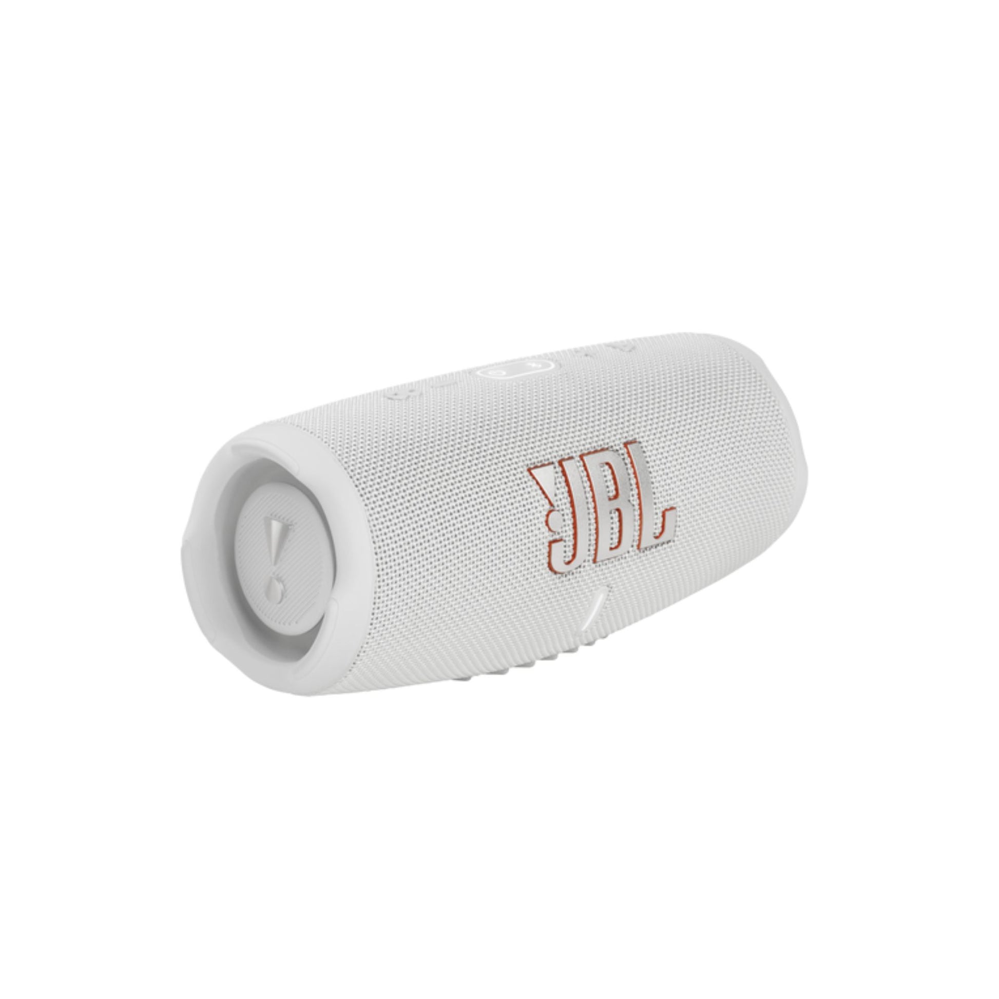 White JBL Bluetooth speaker on a white background