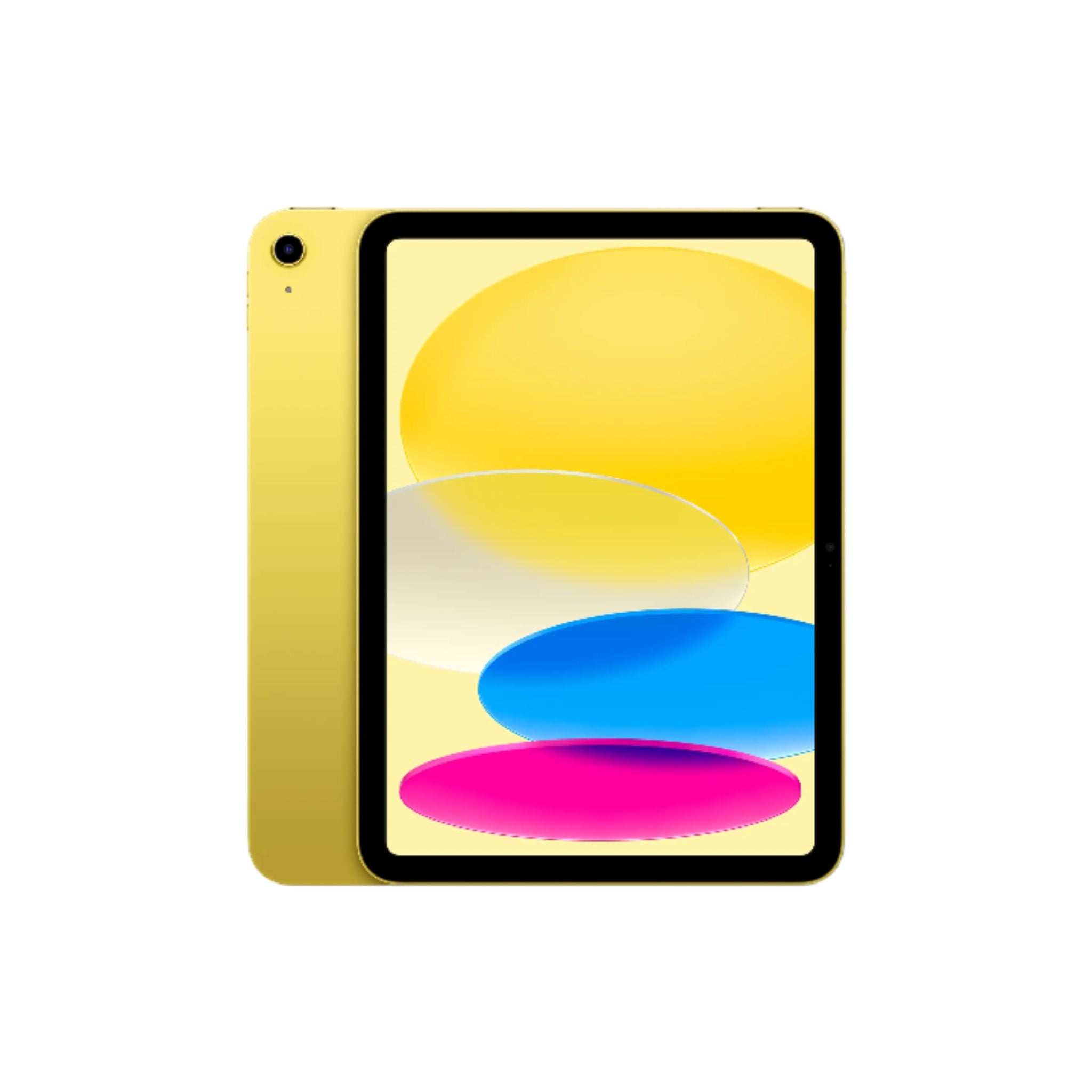 Yellow tablet with colorful design on a white background