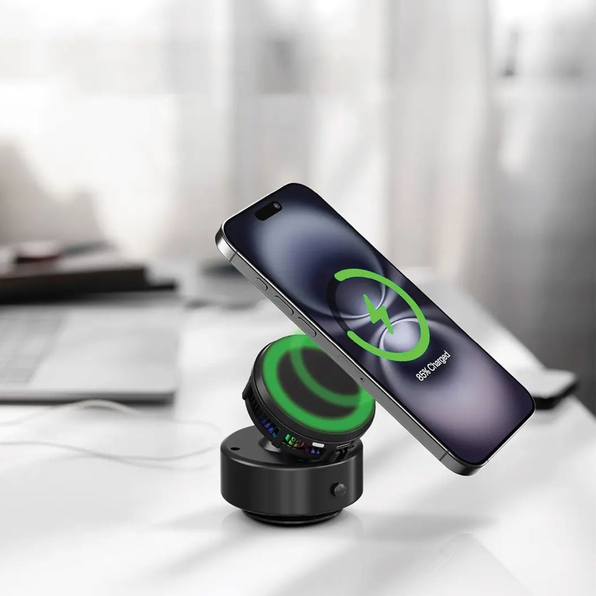 Porodo Lifestyle Vacuseal MagSafe Charging Mount with Cooling Semiconductor & RGB Light, Up to 25 Days Working Time, Adjustable Viewing Angle, 100mAh Battery Capacity, Up to 1.5kg Adsorption Capacity, Strong Suction, One-Hand Operation - Black