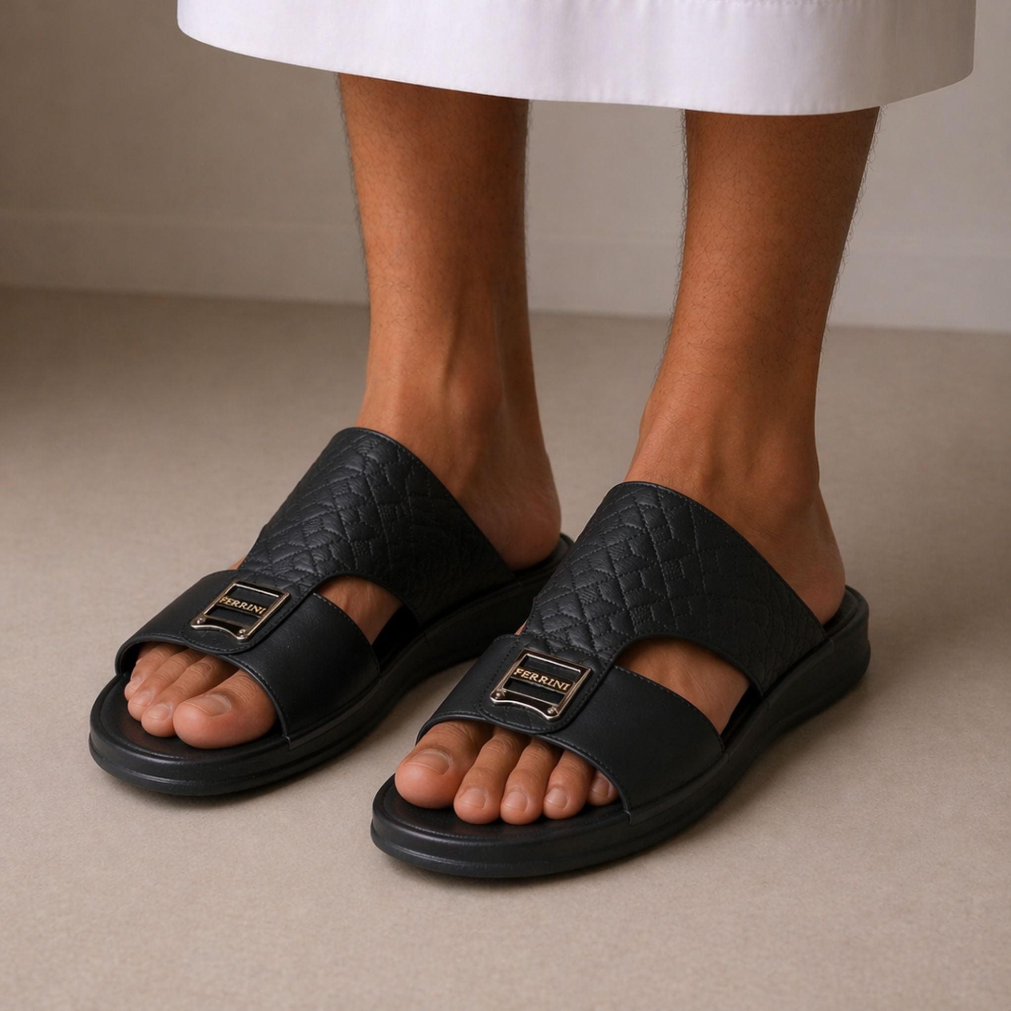 Ferrini Men’s Arabic Slippers – Cross-Strap Slip-On Design_Black