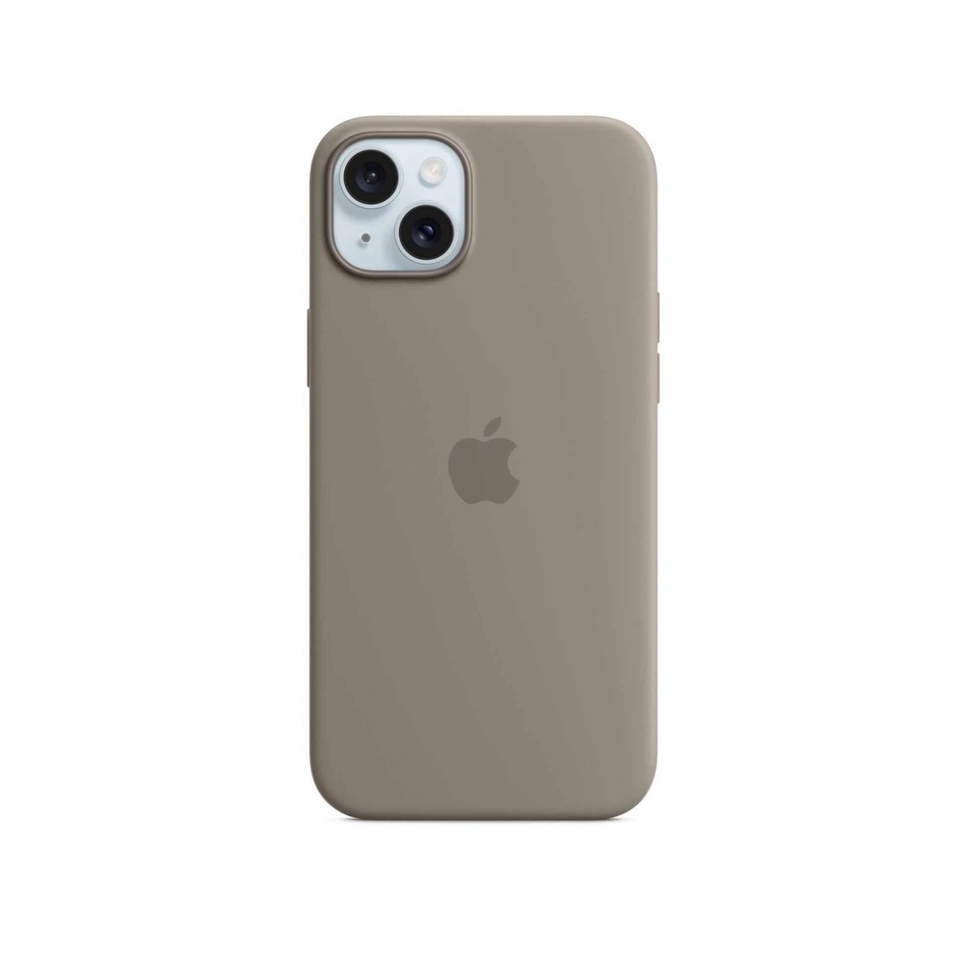 An Apple silicone case for iPhone 15 Plus in a gray color, featuring MagSafe technology for easy attachment and wireless charging.