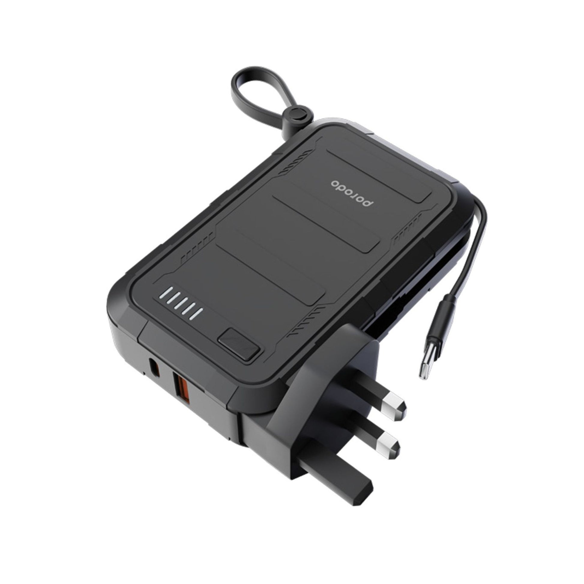 A black Porodo 10000mAh wall charger power bank with built-in USB-C and Lightning cables, displaying various output options.