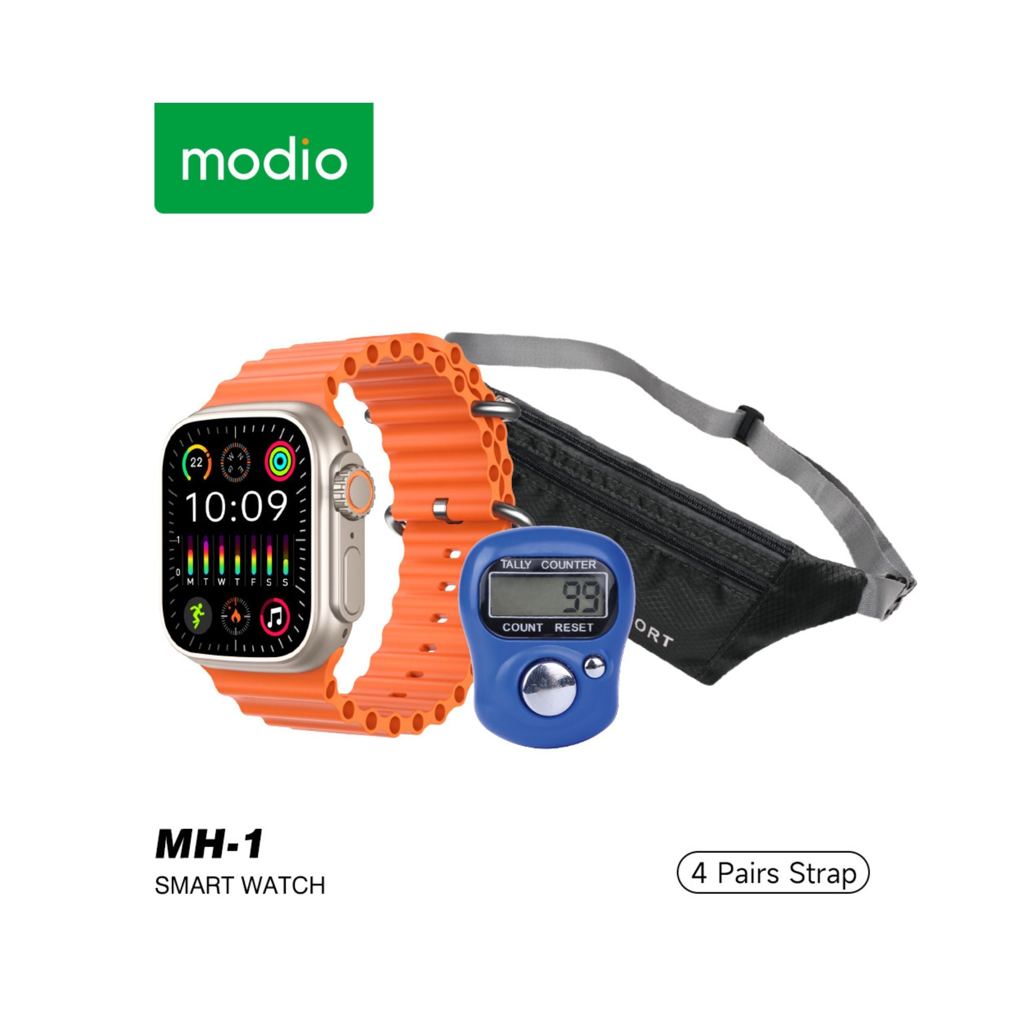 Modio MH-1 Wireless Charging Smartwatch – 2.2" Large Display, 4 Straps Included, Bluetooth 3.0, NFC, Voice Assistant, Built-in Speaker & Mic, Multi-Sport Modes, Health & Fitness Tracking, Waterproof Zinc Alloy Body – Black