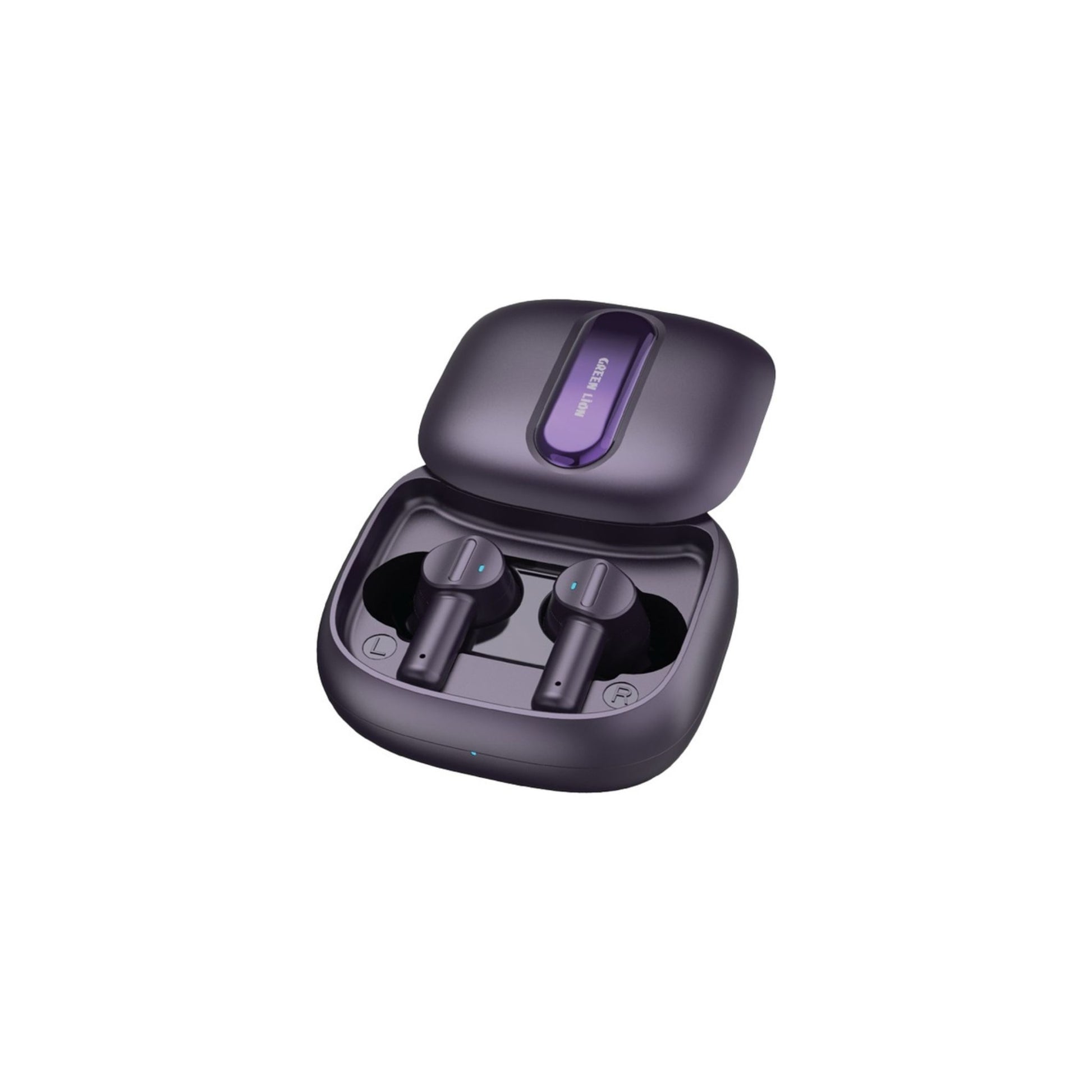The image shows a pair of purple true wireless earbuds with a charging case.