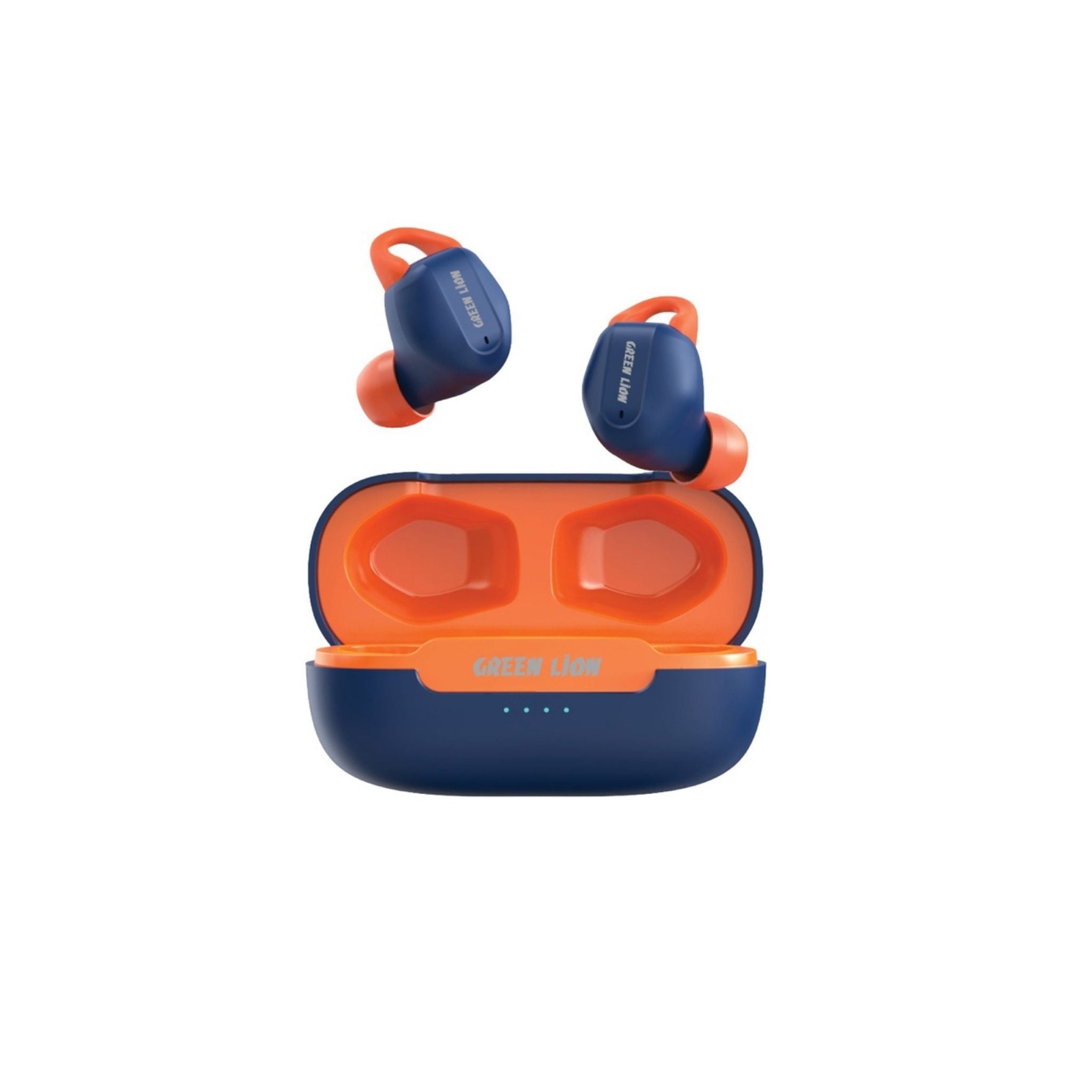 The image shows a pair of blue and orange Green Lion Enduro wireless earbuds with a charging case.