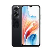 OPPO A38 smartphone in black color with a display showing a colorful wallpaper, front camera and rear camera visible.