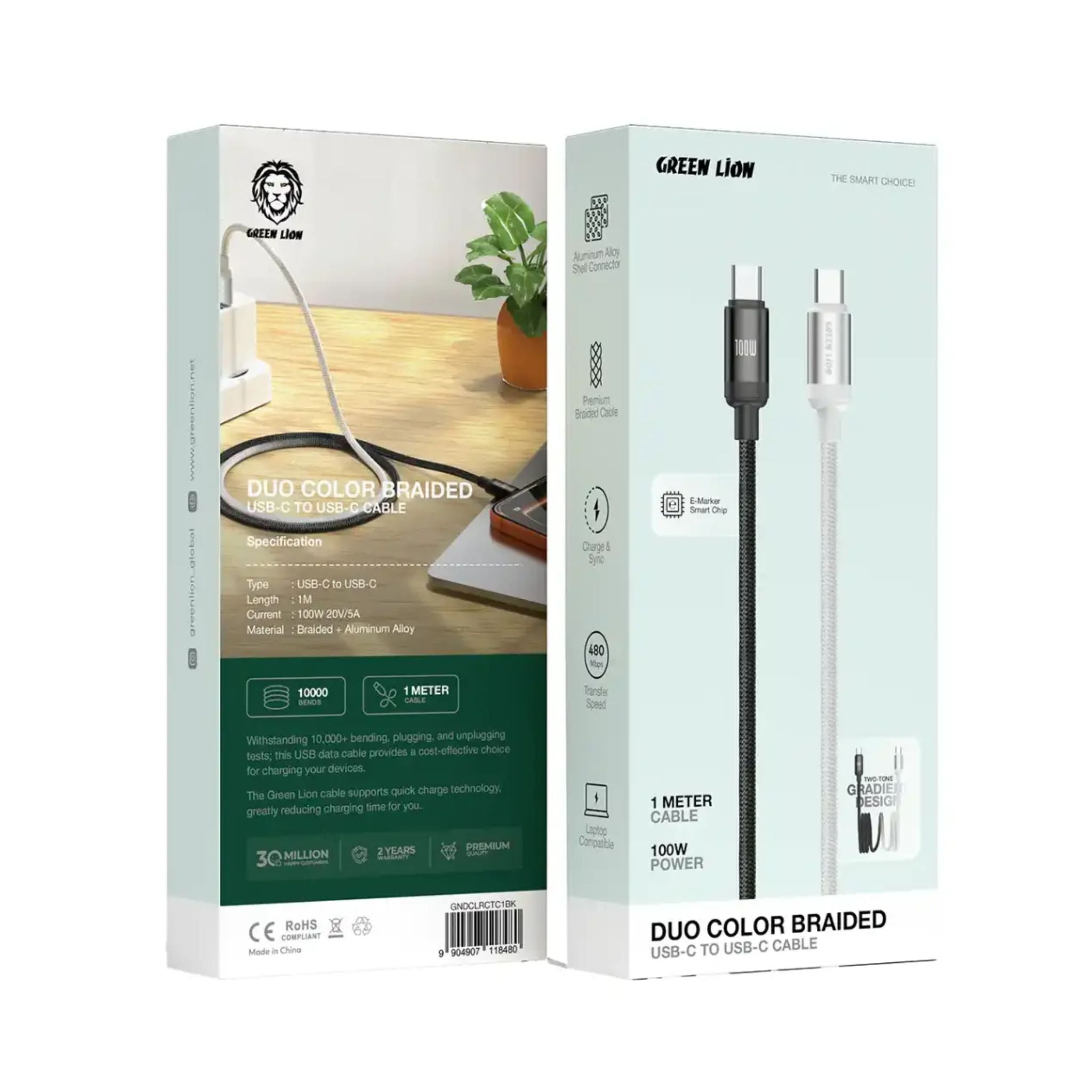 Green Lion 100W  DUO COLOR BRAIDED USB-C TO  USB-C CABLE 1M - White+Black