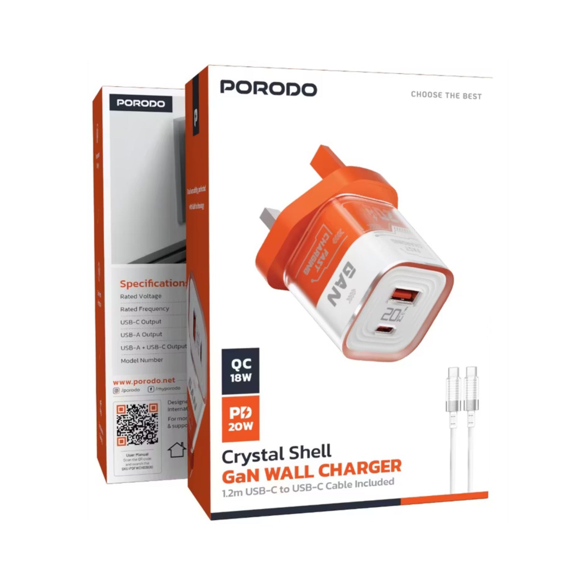 PORODO wall charger packaging with crystal shell design on a white background