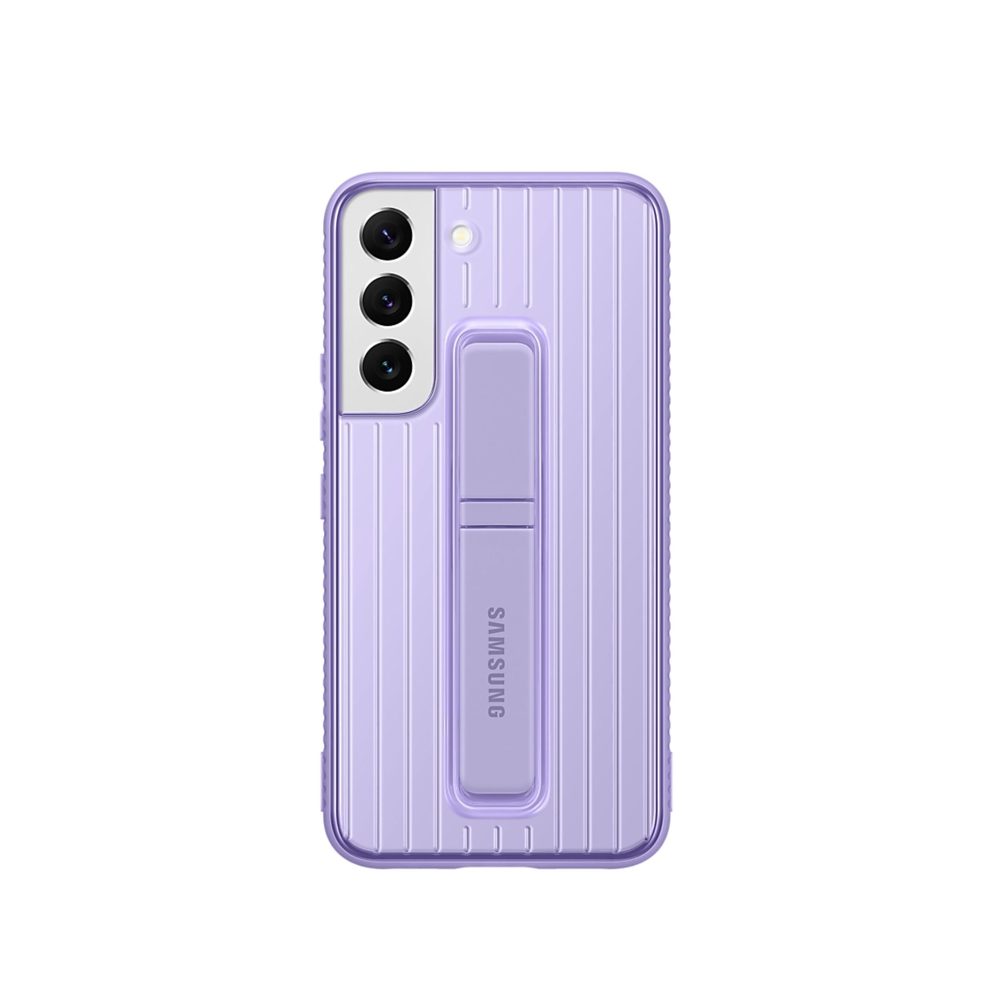 A Samsung Galaxy S22 smartphone in lavender color with a protective standing cover.