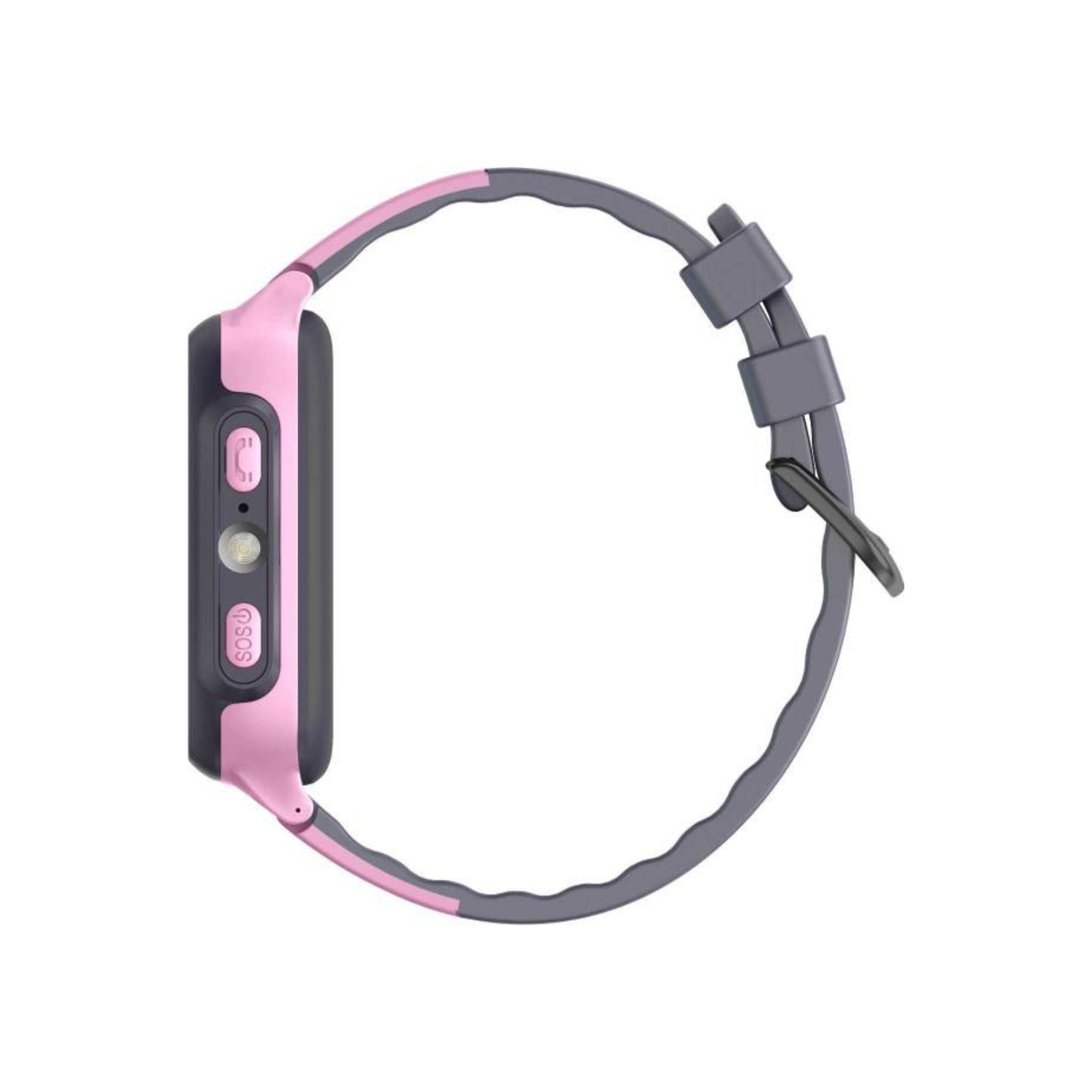 A pink and gray Green Lion Kids Smart Watch with a strap and a circular display panel featuring several buttons.