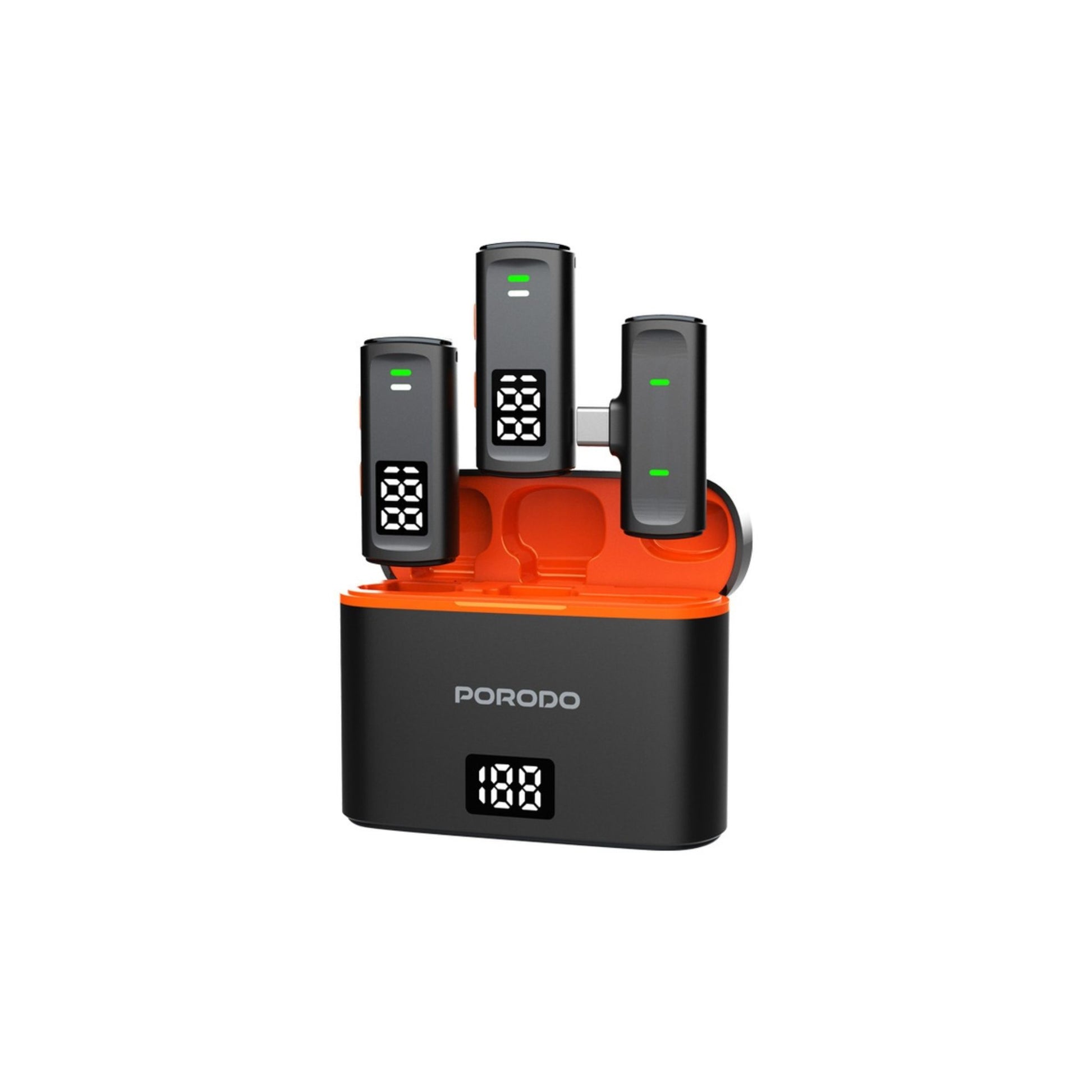 Porodo wireless collar double microphone with charging case and lightning adapter, predominantly black with orange accents.