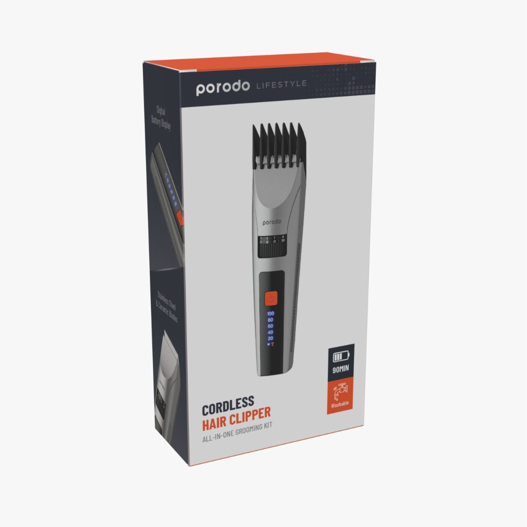 Porodo Lifestyle Cordless Hair Clipper with All-in-One Grooming Kit, 1200mAh Battery Capacity, Stainless Steel & Ceramic Blades Material, 90 Minutes Working Time, 120 Minutes Charging Time, Digital Display - Gray