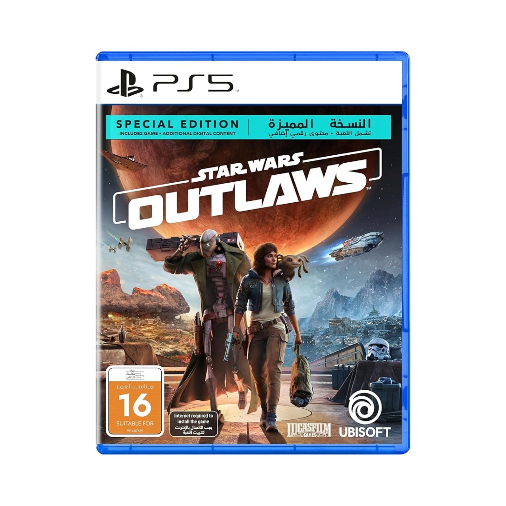A PlayStation 5 game disc case for 'Ubisoft Star Wars Outlaws Special Edition'. The cover features an illustration of a character with a blaster, a droid, and a spacecraft against a backdrop of a space station and planets.