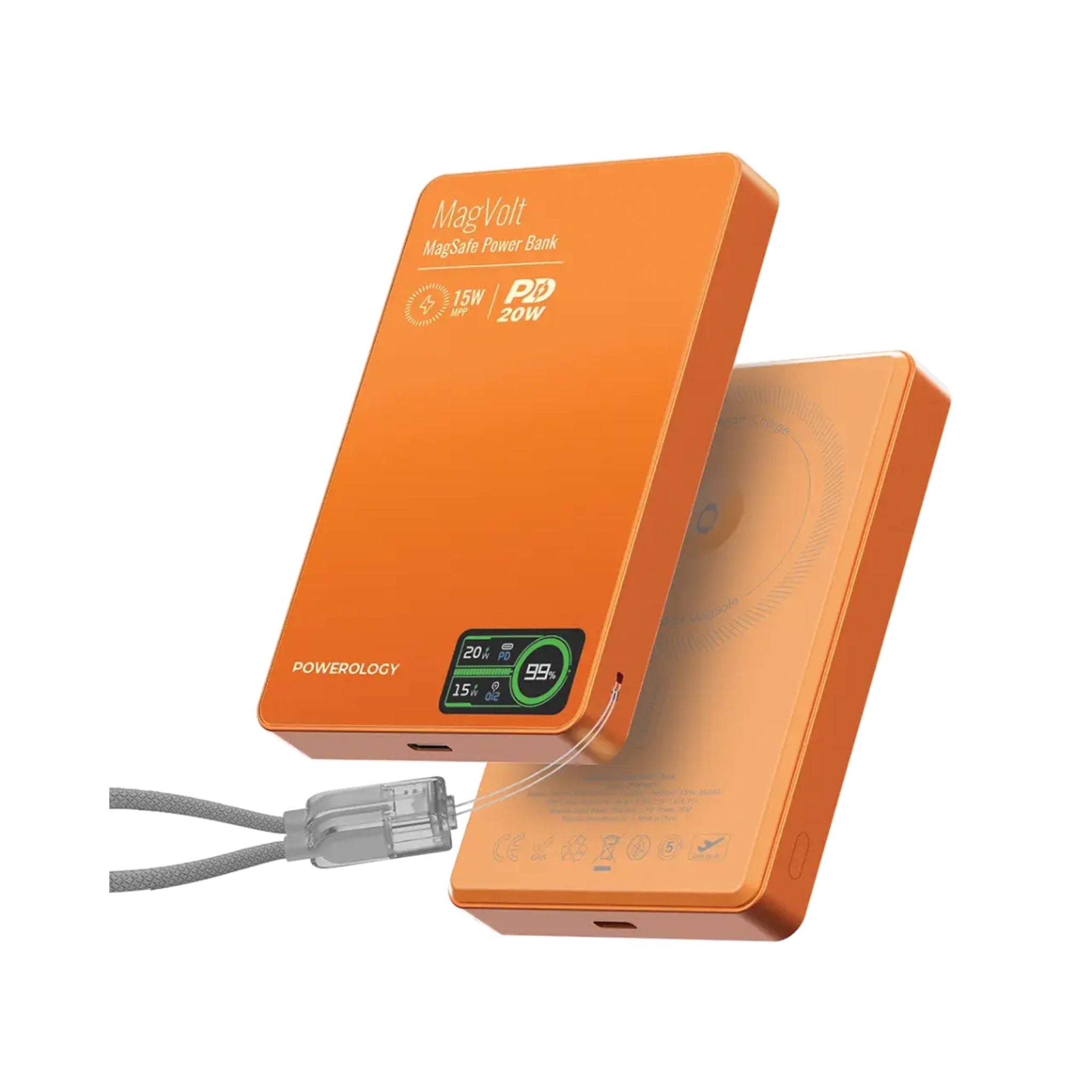 Powerology MagVolt 10000mAh Power Bank, 2.5W Watch Output, Up to 15W Phone Output, 20W Power Delivery, Ultra-Slim Design, Smart TFT Display, N54 MagSafe Compatible - Orange