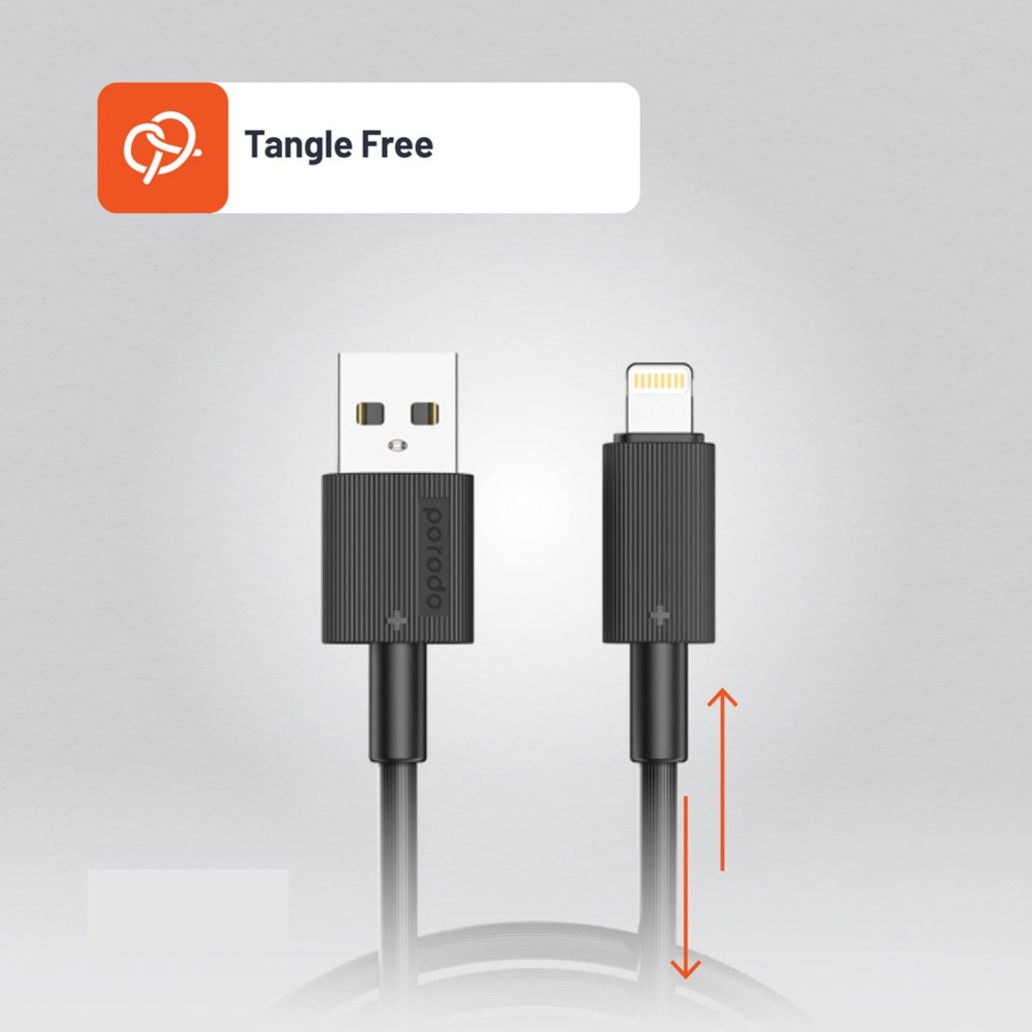 Porodo USB-A to Lightning Durable Charging Cable with 3m Length, PVC Material, Fast Charge & Data Sync, 15000+ Bends Lifespan, 480Mbps Data Transfer Speed, Tangle-Free Design - Black