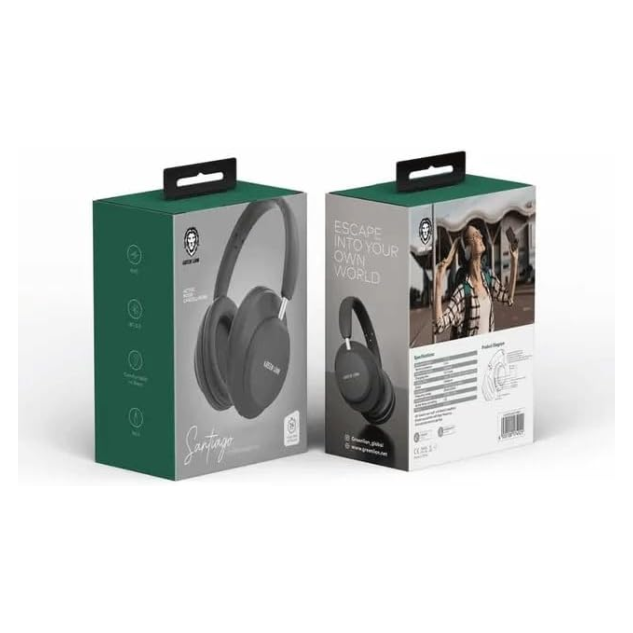 Green Lion Santiago Wireless Headphones, Active Noise Cancellation, 10m Working Distance, 2.5hrs Charging Time, 24hrs Play time, 5.3 Bluetooth, Aux - Black