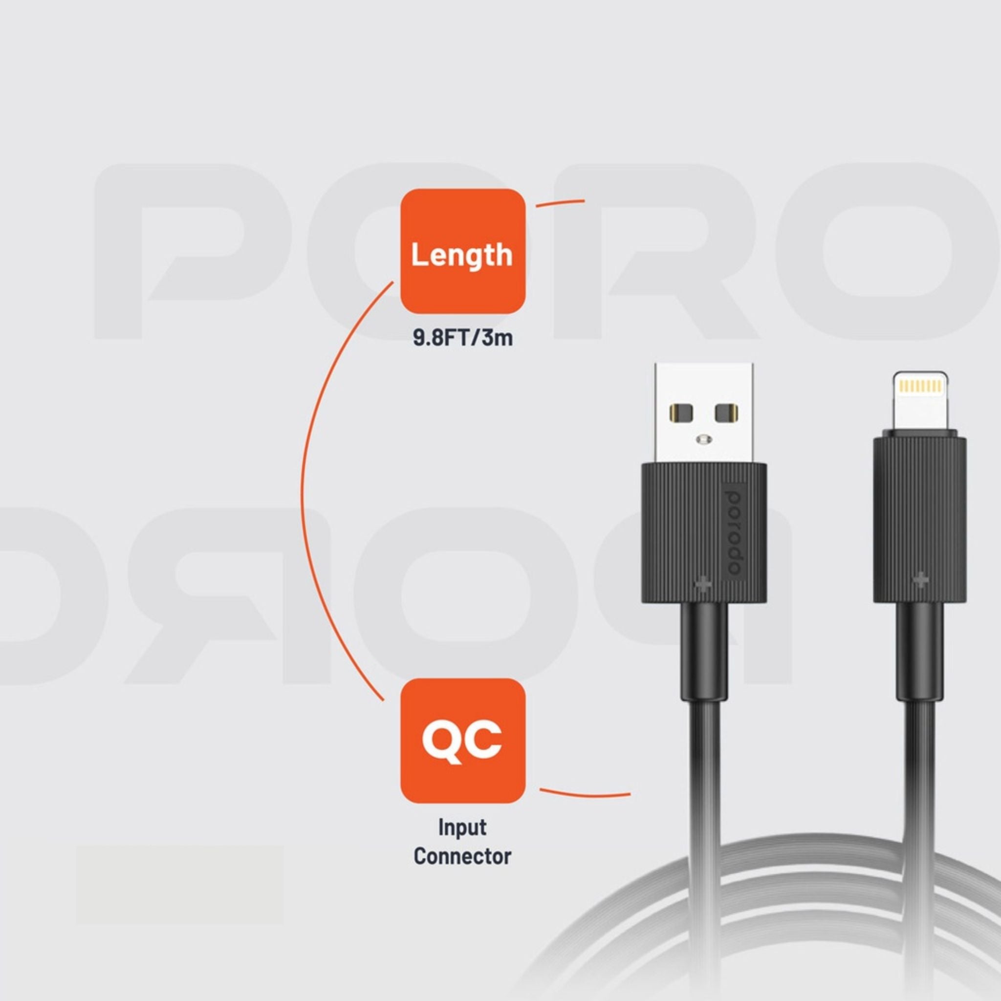 Porodo USB-A to Lightning Durable Charging Cable with 3m Length, PVC Material, Fast Charge & Data Sync, 15000+ Bends Lifespan, 480Mbps Data Transfer Speed, Tangle-Free Design - Black