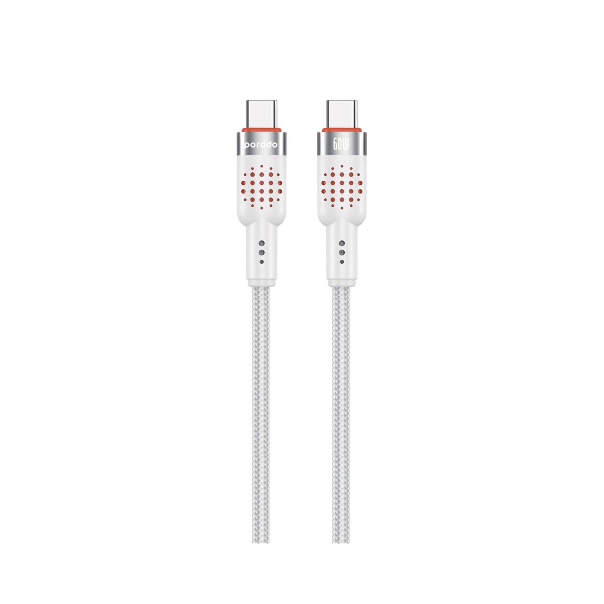 A white Porodo aluminum alloy braided USB-C to USB-C cable with a USB-C connector on one end and a standard USB connector on the other.