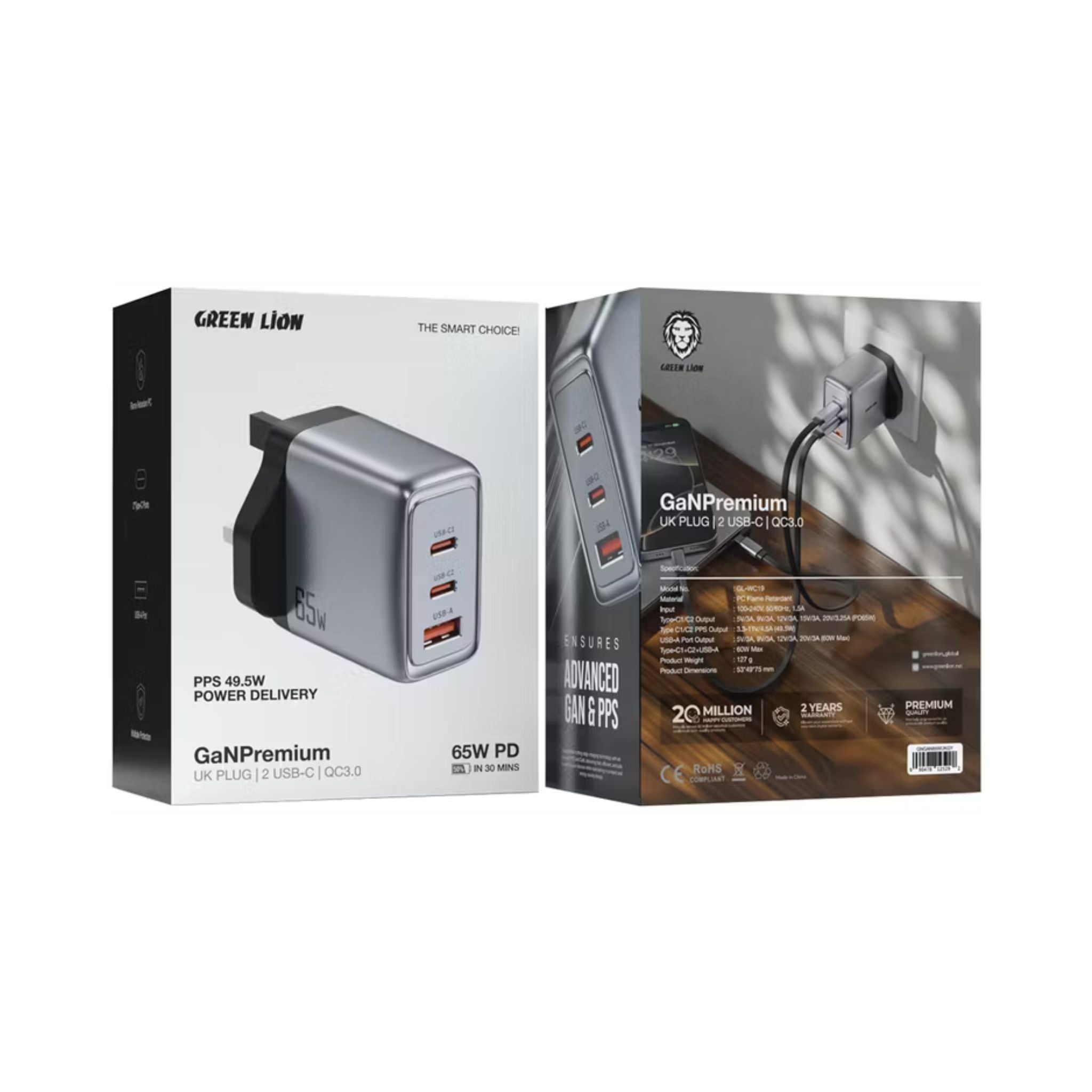 Green Lion GaN UK Plug Wall Charger with 65W Power Delivery, 0%-50% Charge in 30 Minutes, PC Flame Retardant Material, Multiple Protection, Dual USB-C & USB-A Ports - Gray