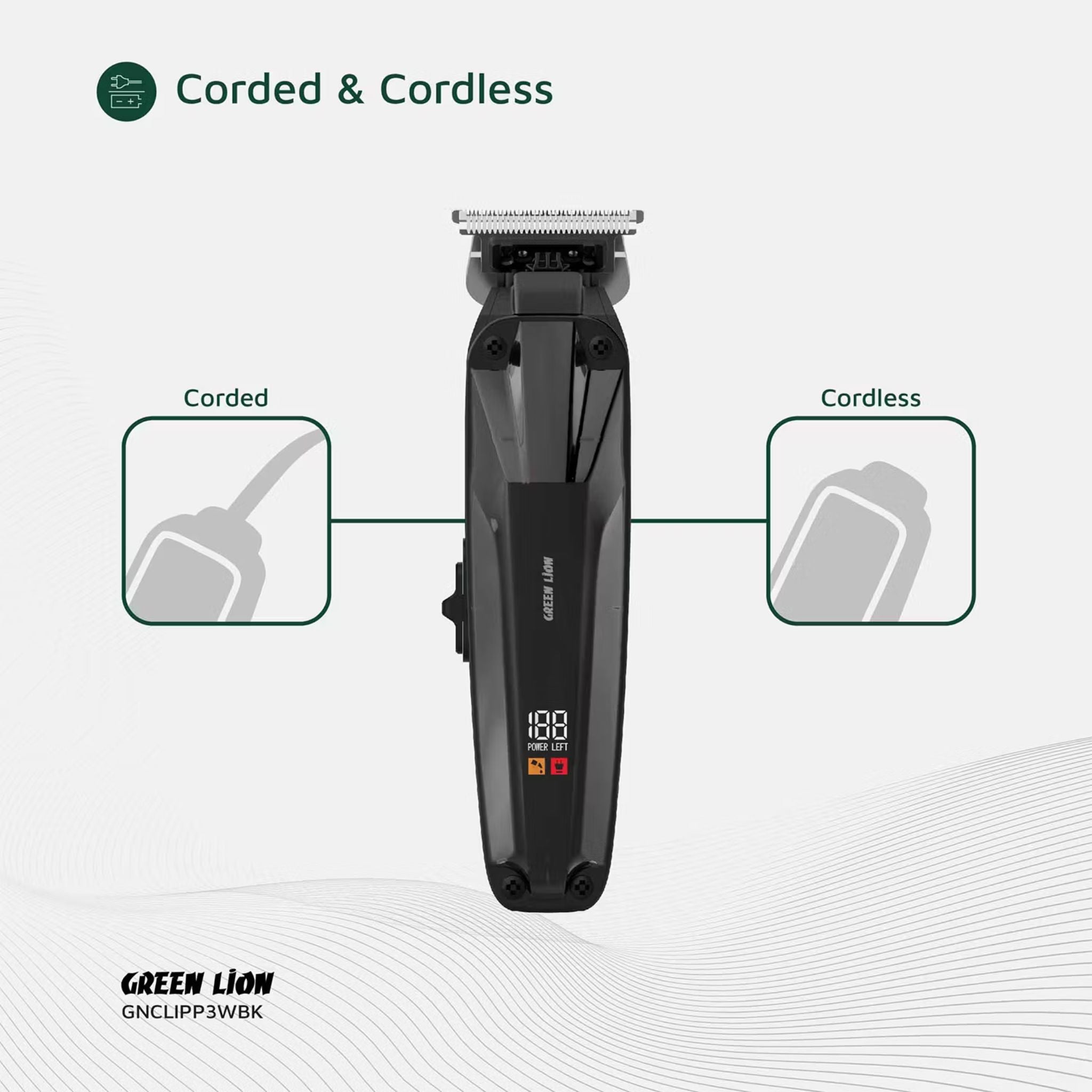 Green Lion Clip Master Professional Hair Clipper with LED Display & On/Off Switch, 3 Hours Working Time, Corded & Cordless Functionality, 7200RPM Power, Stainless Steel Blade, 1200mAh Battery Capacity, Includes 1.5, 3, 4.5mm Comb Sizes - Black