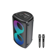 Monster Cycle Bluetooth Speaker in black with multicolor RGB lighting effects, featuring two wireless microphones.
