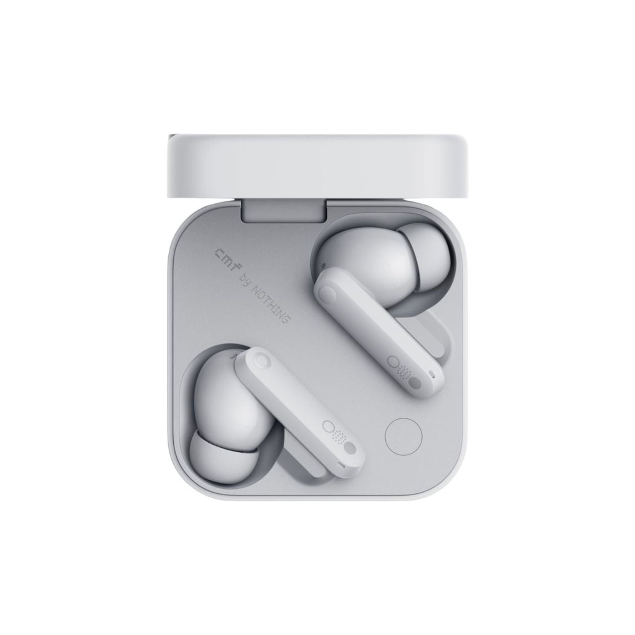 Wireless earbuds in a charging case on a white background