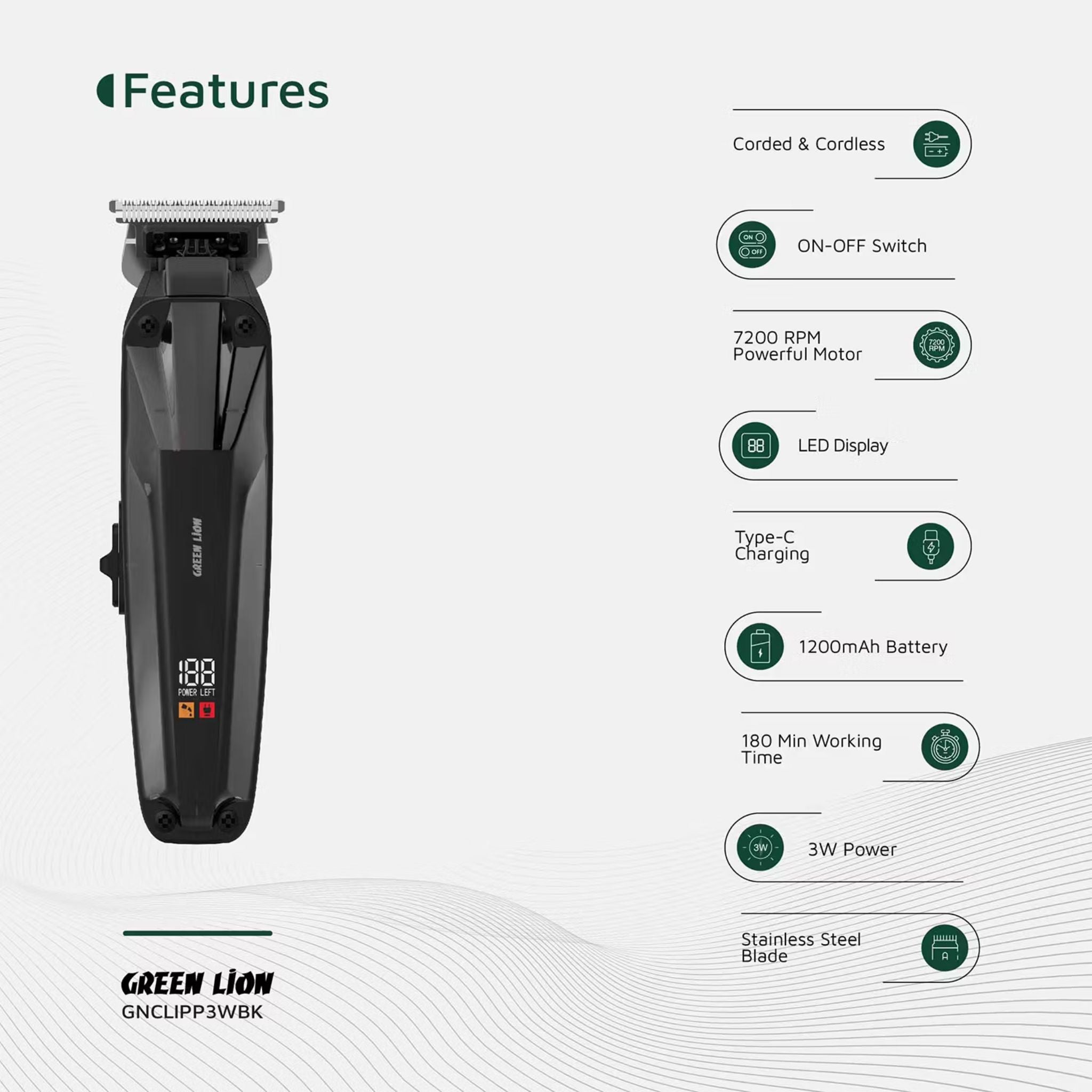 Green Lion Clip Master Professional Hair Clipper with LED Display & On/Off Switch, 3 Hours Working Time, Corded & Cordless Functionality, 7200RPM Power, Stainless Steel Blade, 1200mAh Battery Capacity, Includes 1.5, 3, 4.5mm Comb Sizes - Black