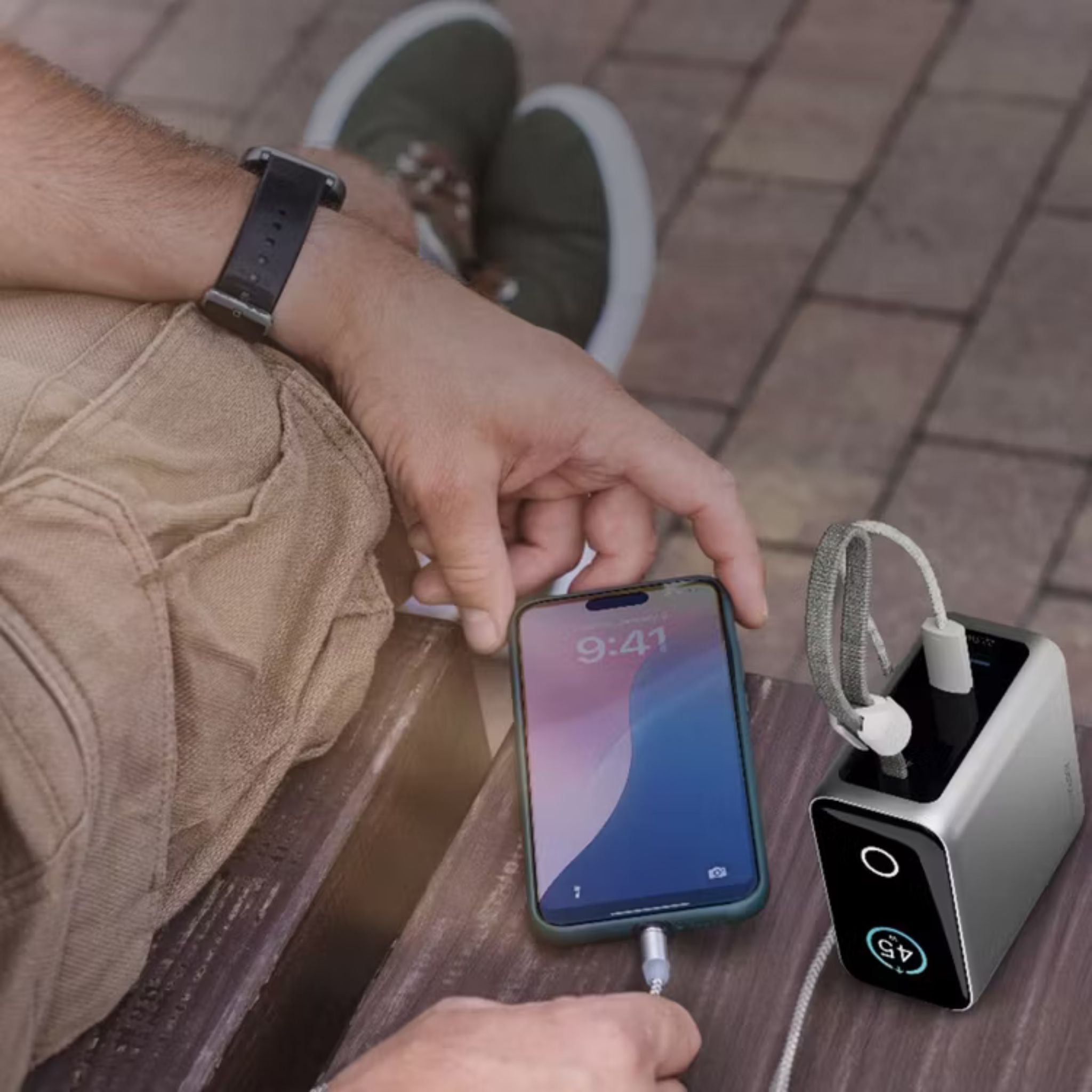 Powerology 15000mAh Mini Power Bank with Multiple Charging Ports, Universal Compatibility, Advanced Safety Features, Smart TFT Display, Built-in USB-C Cable - Gray