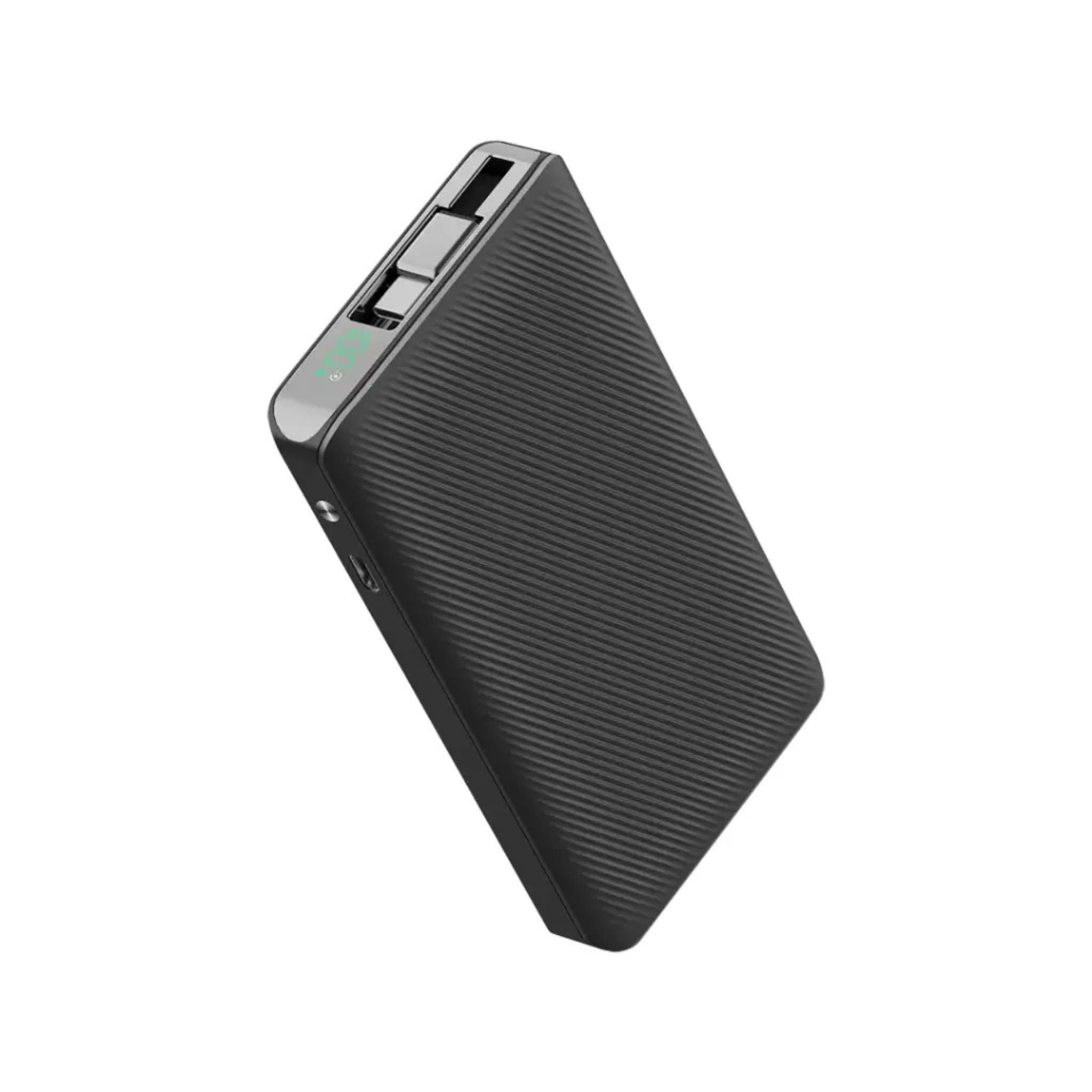 Powerology 10000mAh Power Bank with 70cm Retractable Type-C Cable, LED Display, Lightweight & Portable Design, Fast-Charging, USB-C Input & Output, 2-Device Charging, Patented Design, 22W Power Delivery - Black