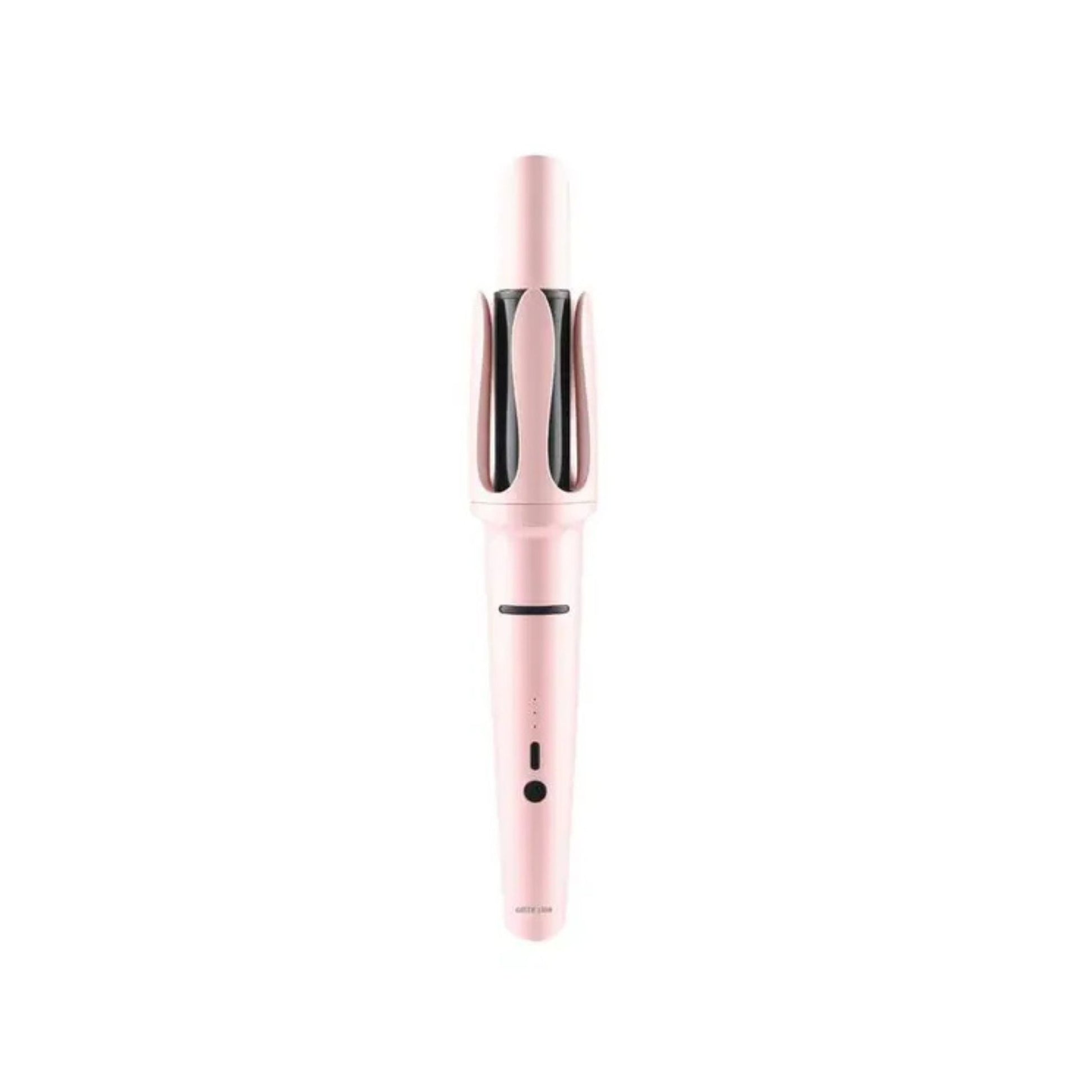 A pink hair curler with a black barrel, featuring an LED indicator and a swivel cord.
