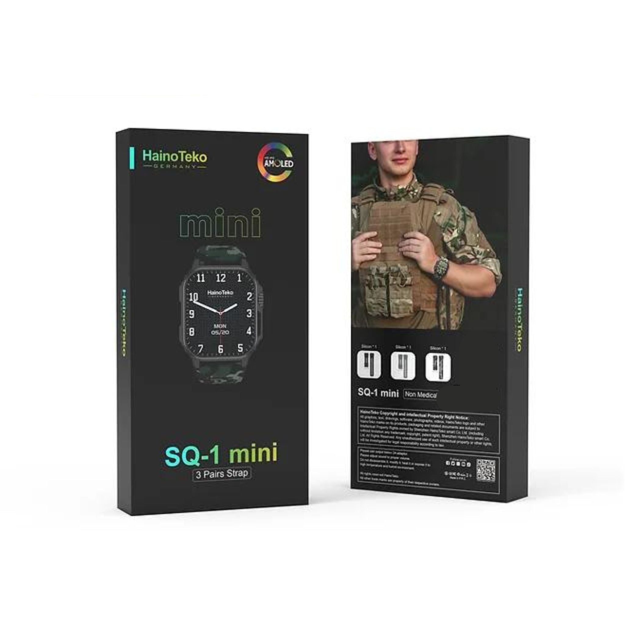Haino Teko Germany SQ-1 Mini Smart Watch With Full Screen AMOLED Display 3 Pair Straps and Wireless Charger For Mens and Boys-Black