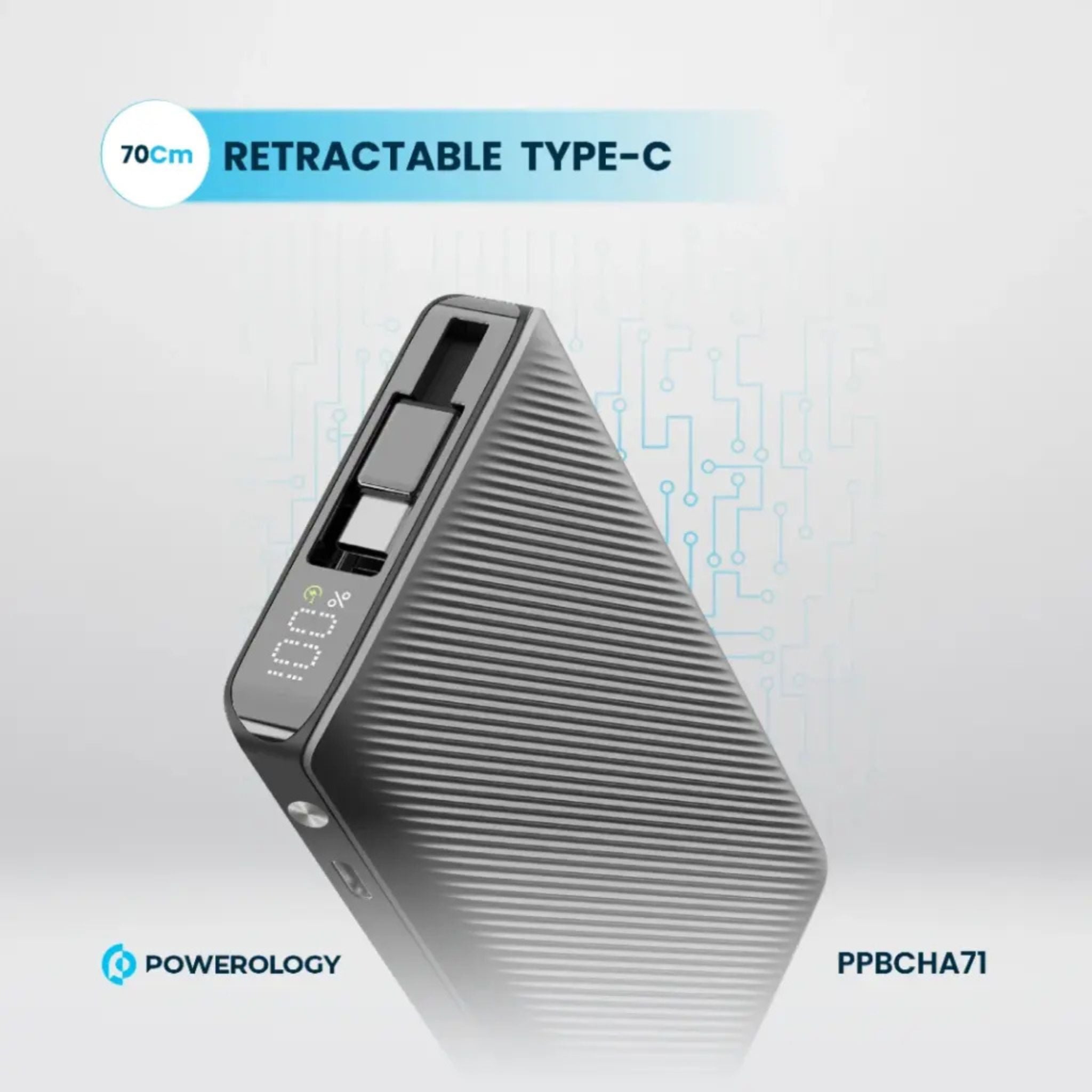 Powerology 10000mAh Power Bank with 70cm Retractable Type-C Cable, LED Display, Lightweight & Portable Design, Fast-Charging, USB-C Input & Output, 2-Device Charging, Patented Design, 22W Power Delivery - Black