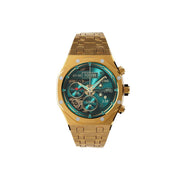 A gold-colored Porodo CristalloAP smart watch with a blue dial and a gold bracelet.