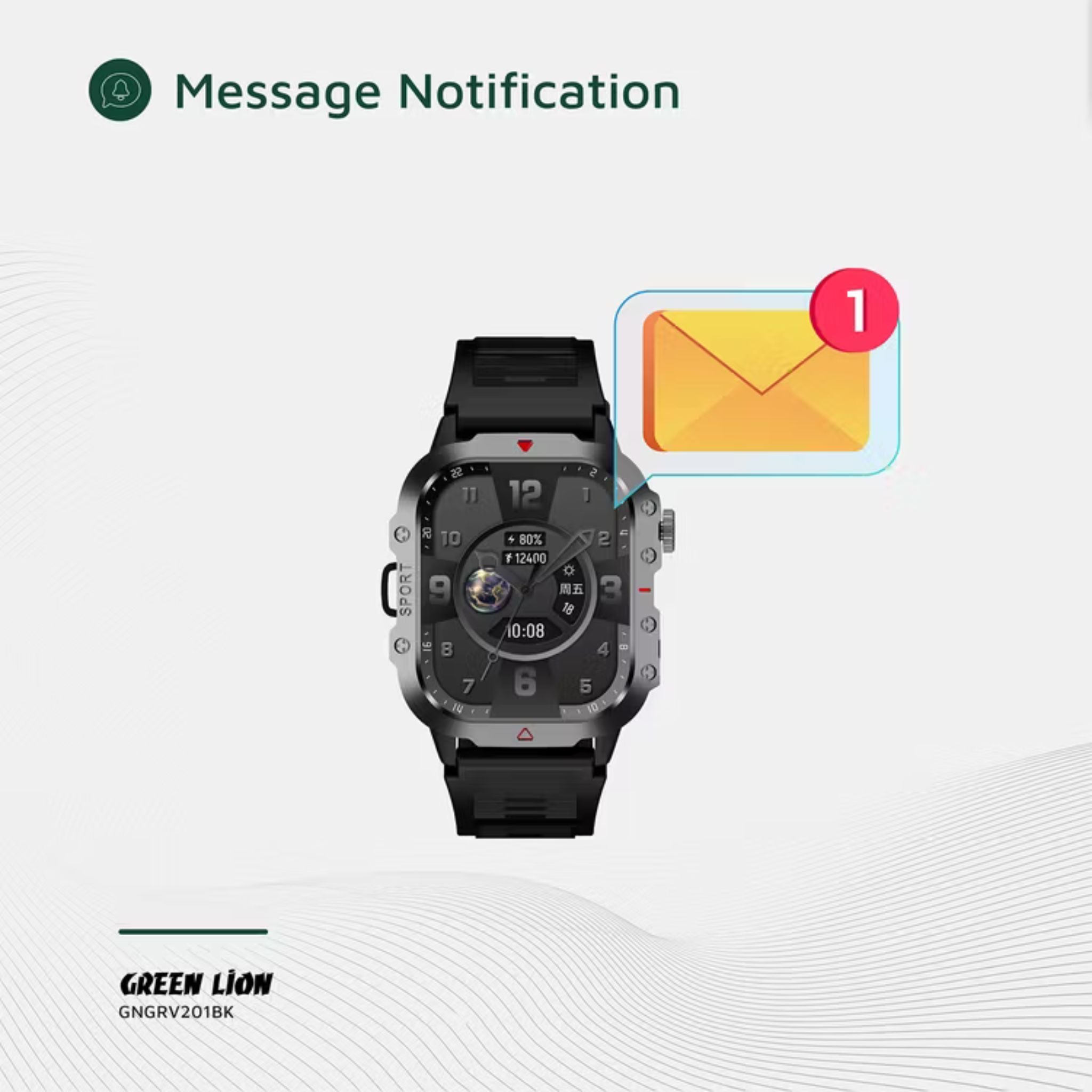 Green Lion Gravix Smart Watch with Multiple Sport Modes, 200mAh Battery Capacity, Remote Capture, IP65 Water Resistance Level, Bluetooth Version 5.3, Heart Rate Monitor - Black