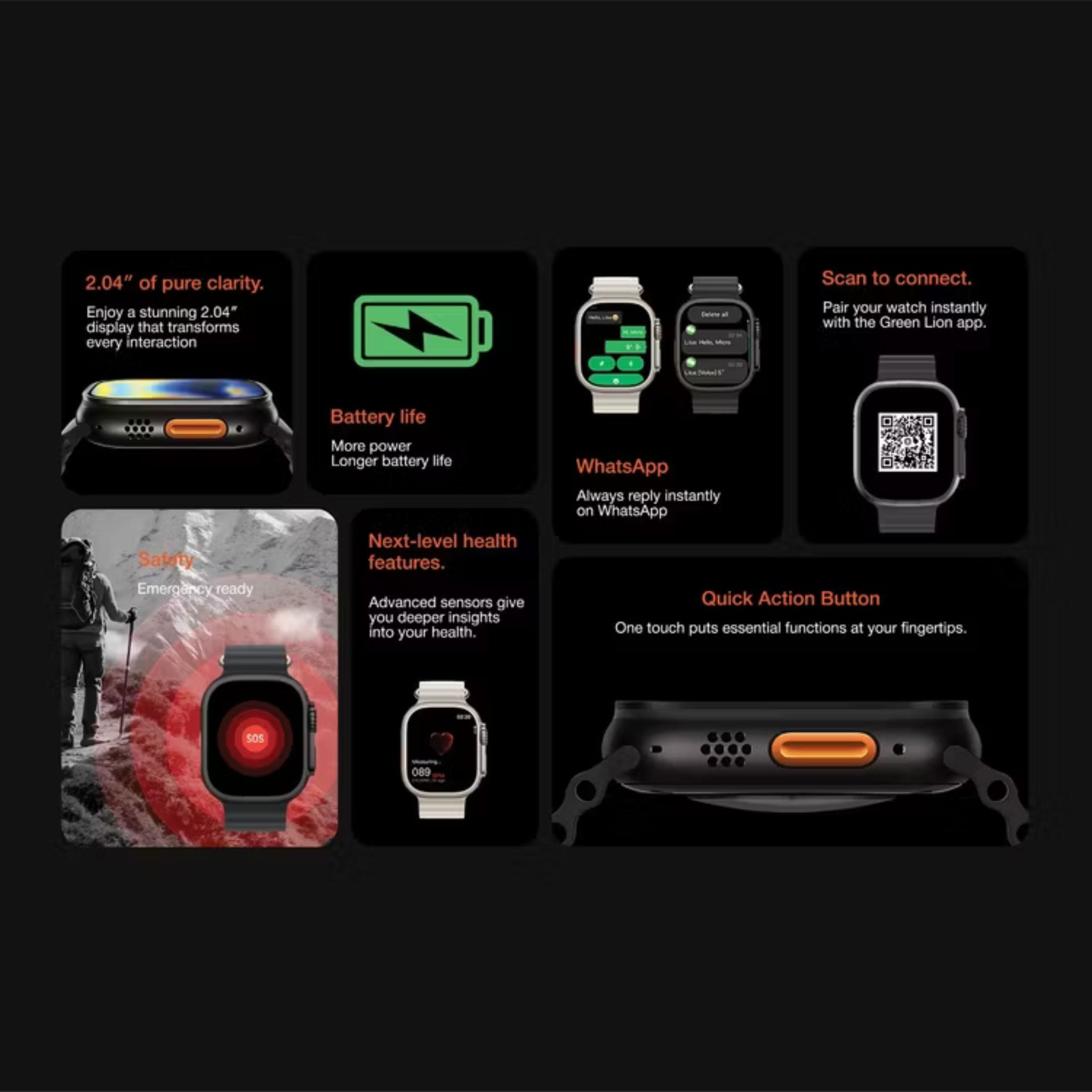 Green Lion Communicate 49mm Ultra Smartwatch, 2.04” AMOLED Display, 350mAh Battery, 2–3 Days Use, 10-Day Standby, Bluetooth 5.4, 1GB Flash, 3ATM Waterproof, Wireless Charging, Double Tap, Dynamic Island, Always-On Display, 500+ Watch Faces-Black
