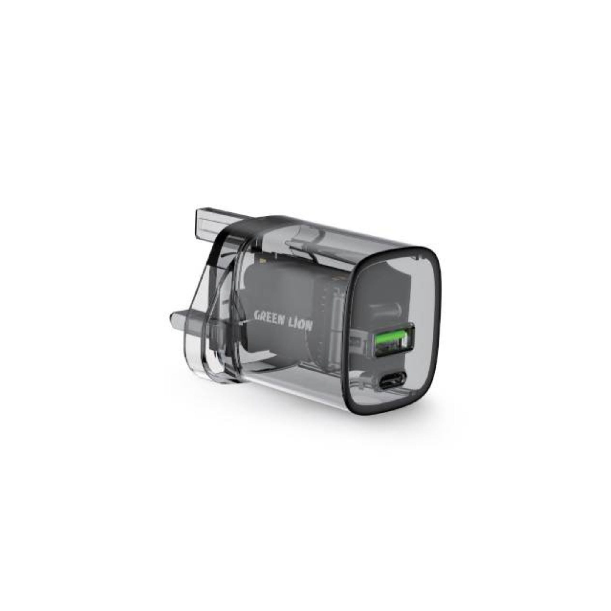 A Green Lion brand wall charger with a transparent case and a 3-pin UK plug, showcasing dual USB ports.