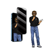 Illustration showing a privacy screen protector being applied to an iPhone, with a cartoon character demonstrating its 90-degree privacy feature.