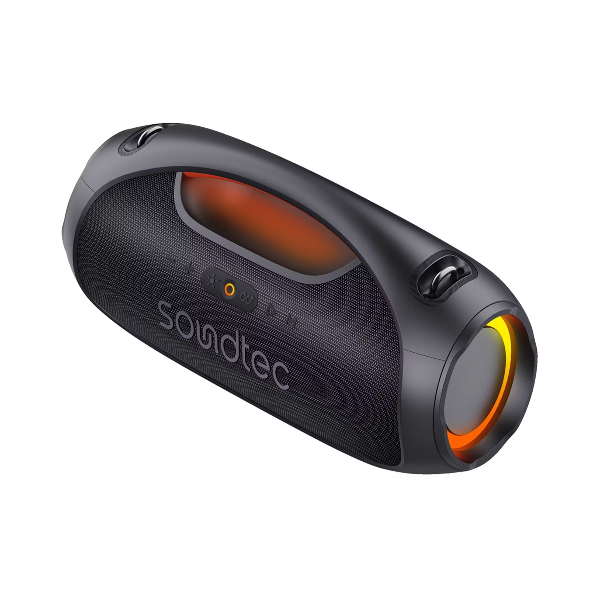 Porodo Soundtec Rush Euphoric Portable Speaker features Bluetooth 5.3, a 5400mAh battery, Type-C charging, IPX6 water resistance, 8-hour playtime, 15m range, power bank function, RGB lights, plus shoulder strap and grip handle- Black