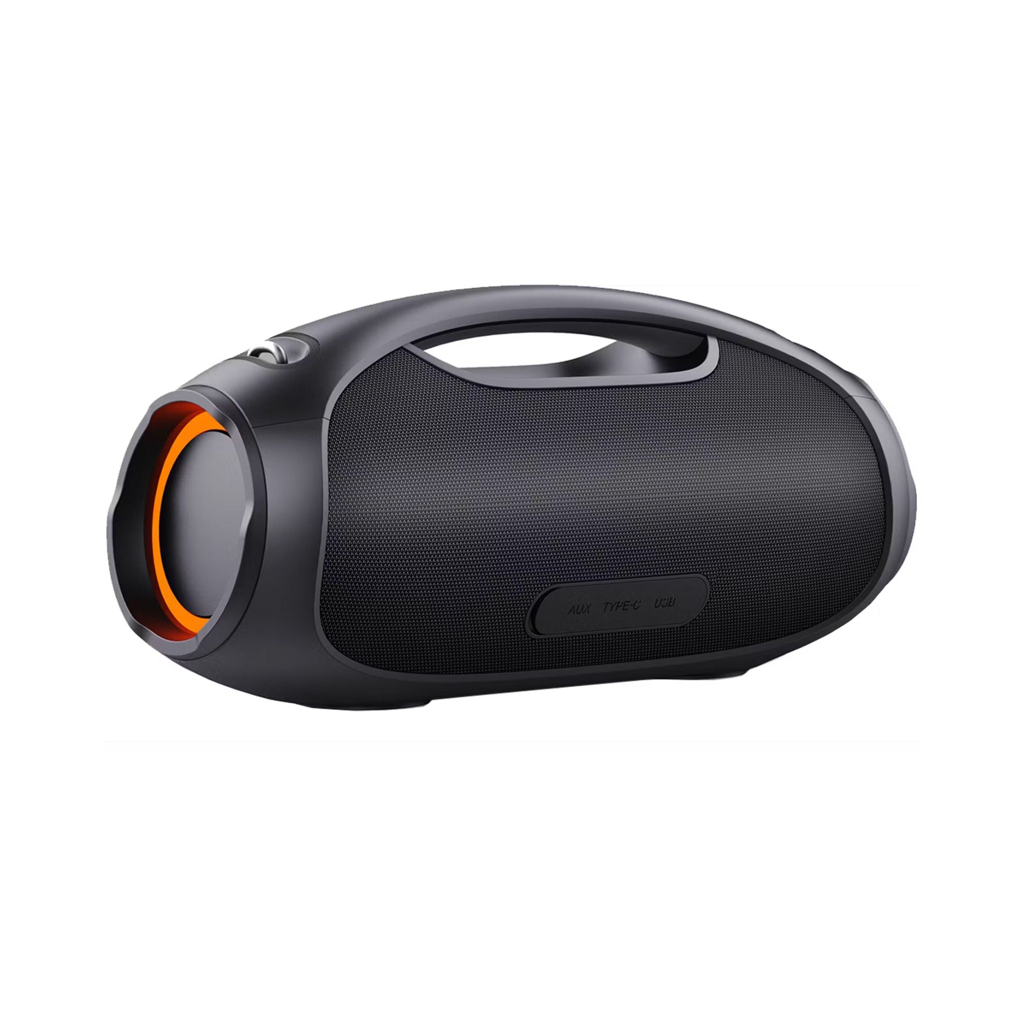 Porodo Soundtec Rush Euphoric Portable Speaker features Bluetooth 5.3, a 5400mAh battery, Type-C charging, IPX6 water resistance, 8-hour playtime, 15m range, power bank function, RGB lights, plus shoulder strap and grip handle- Black