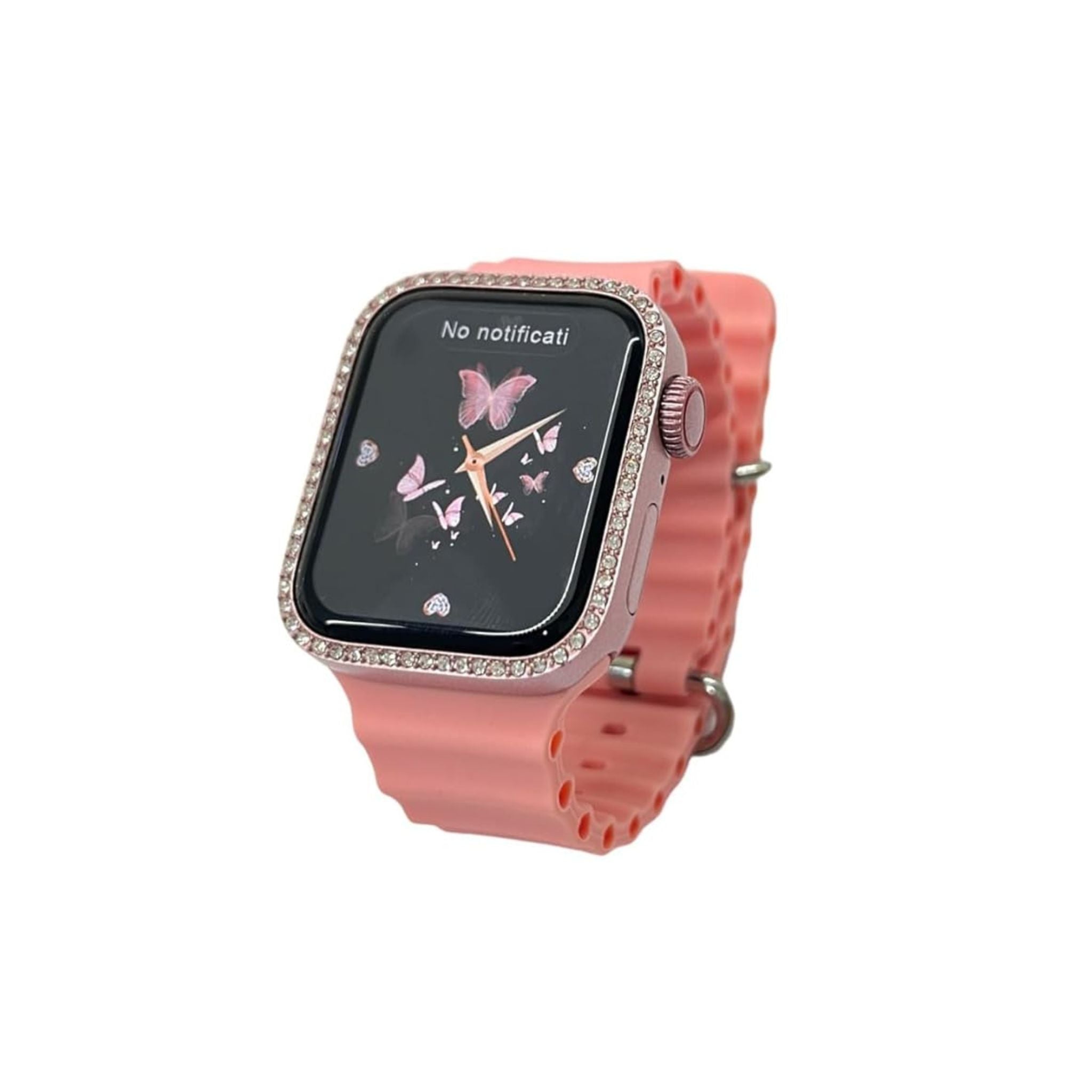 A pink Modio MW19 Mini Smart Watch with a 36mm display, featuring a butterfly design on the watch face, a necklace, and a bracelet.